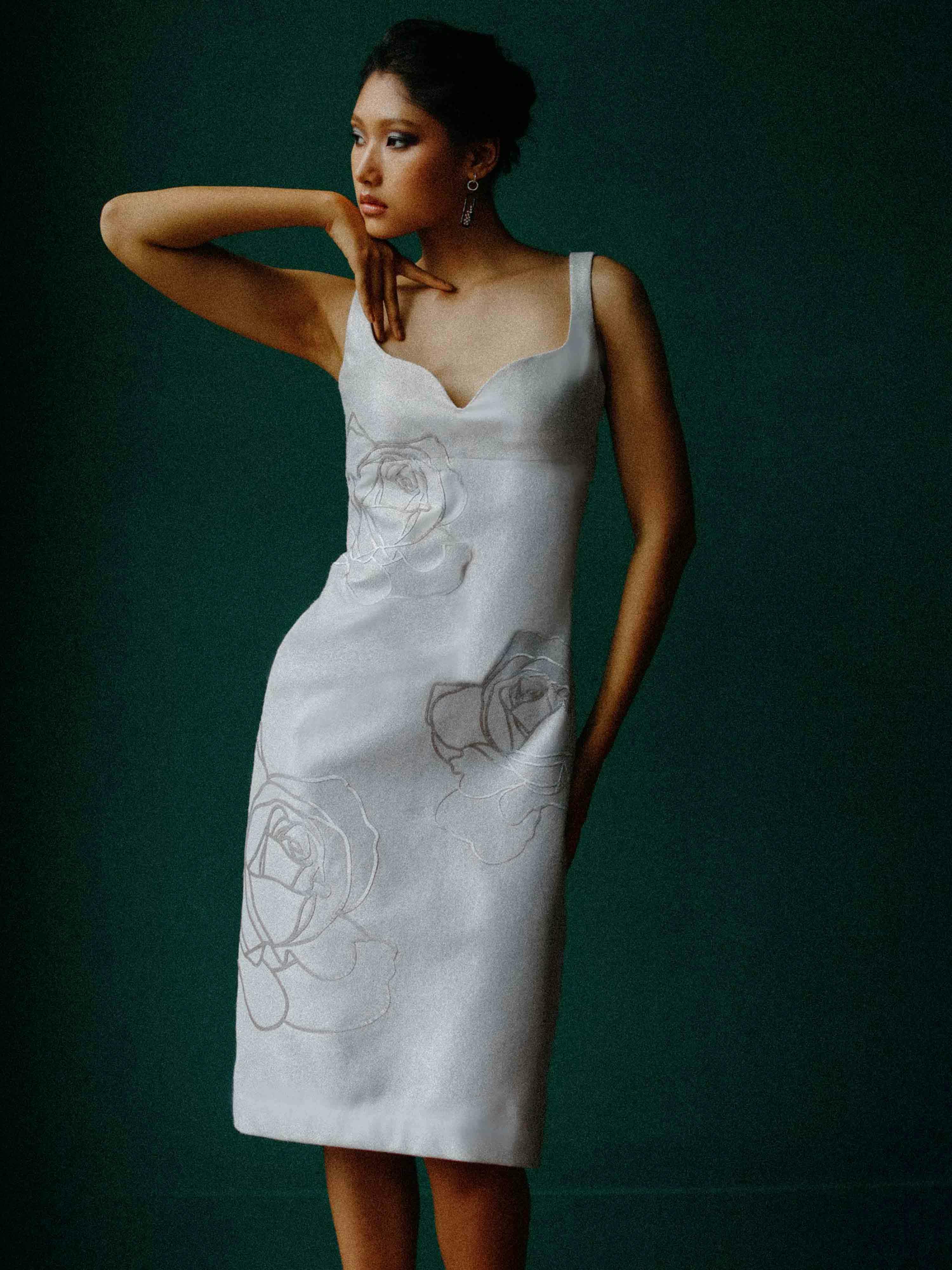 Sweet heart necklined dress with embossed metallic roses, a product by Shriya Khanna