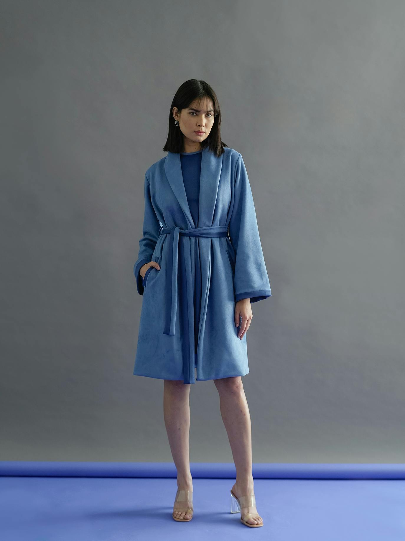 Blue suede coat , a product by Kritika Madan