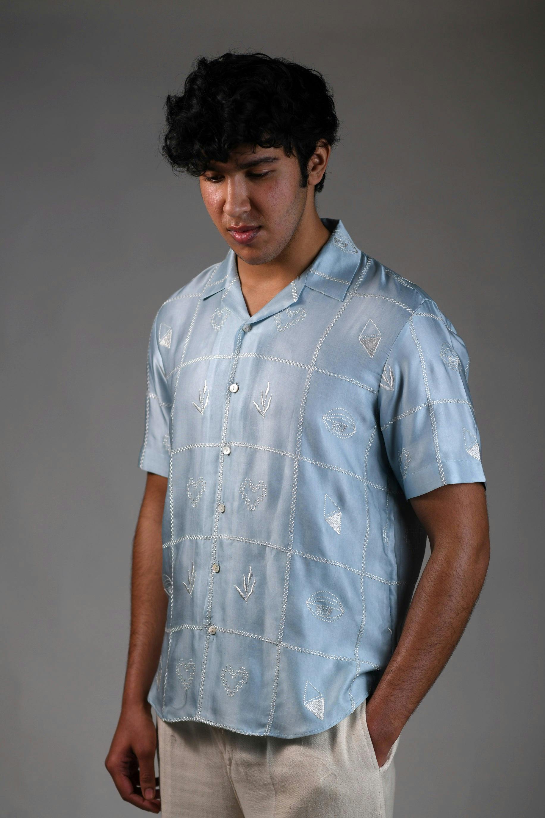 Coterie Checks | Powder Blue | Unisex Lounge Shirt, a product by Ananya - The Label