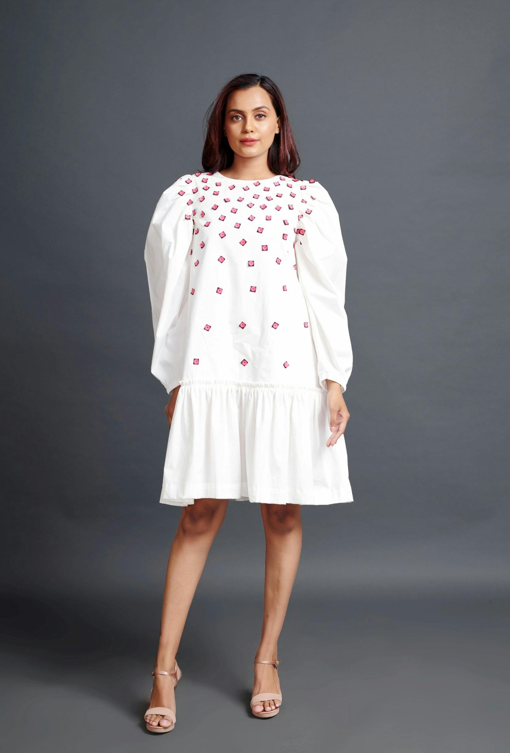 WF-1102-WHITE ::: White Short Backless Dress With Embroidery, a product by Deepika Arora