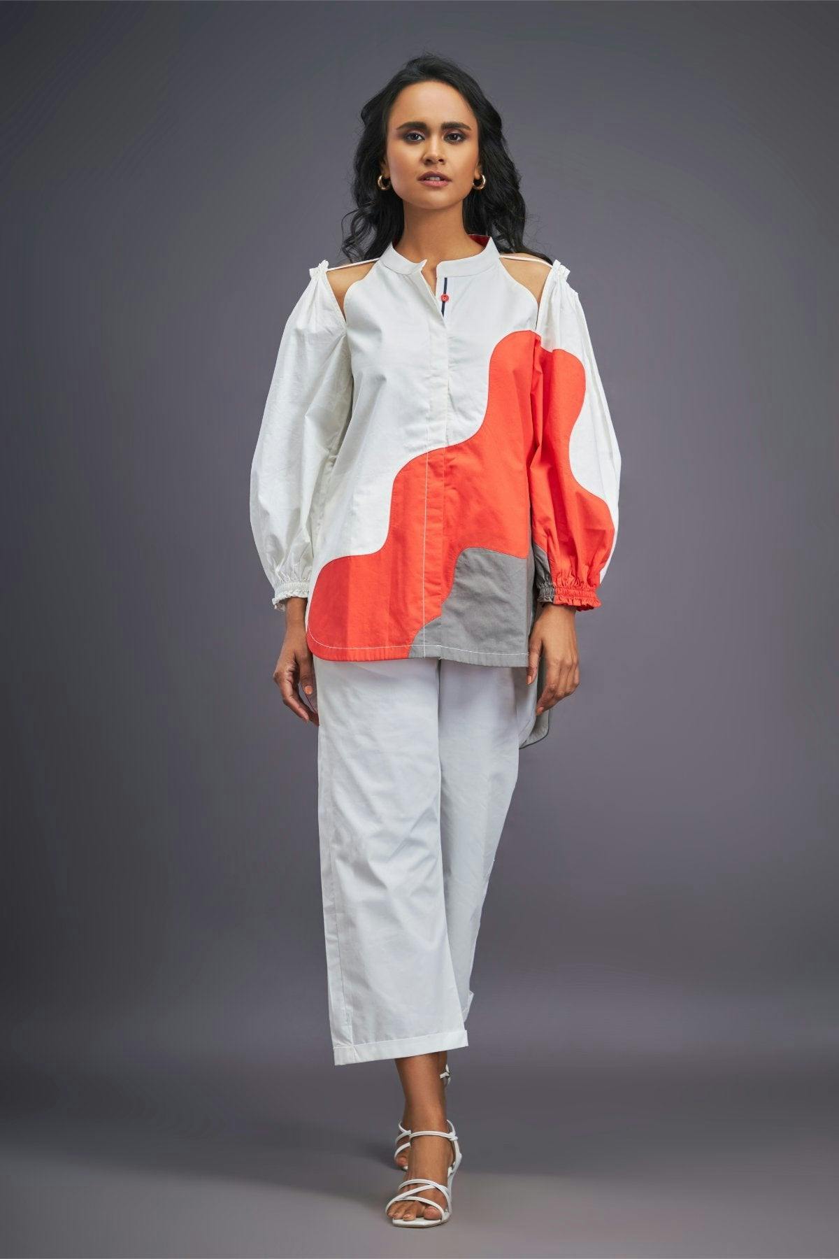 White Orange Shirt With Shoulder Cut Detail, a product by Deepika Arora
