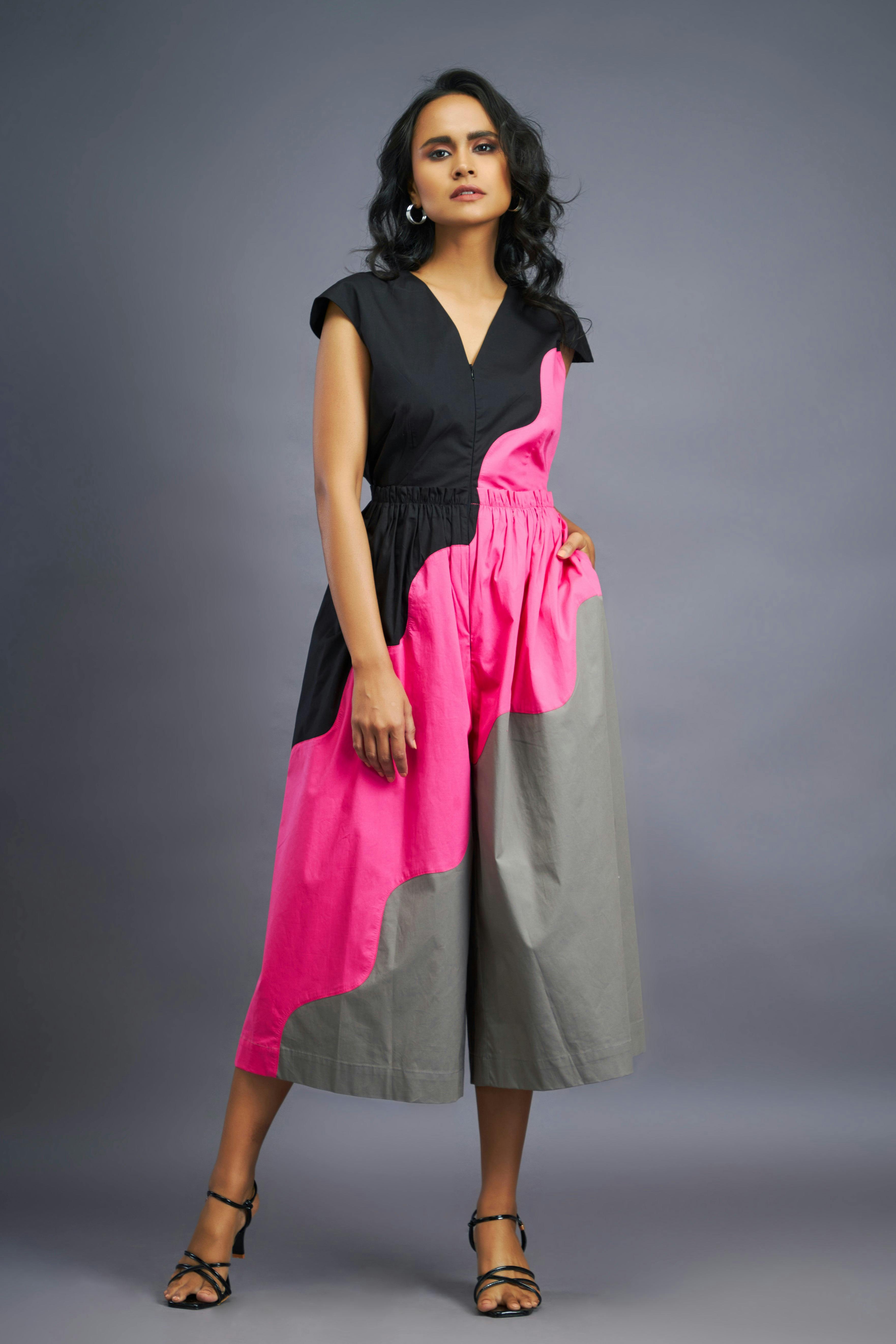 Black Pink Relax Fit Backless Jumpsuit, a product by Deepika Arora