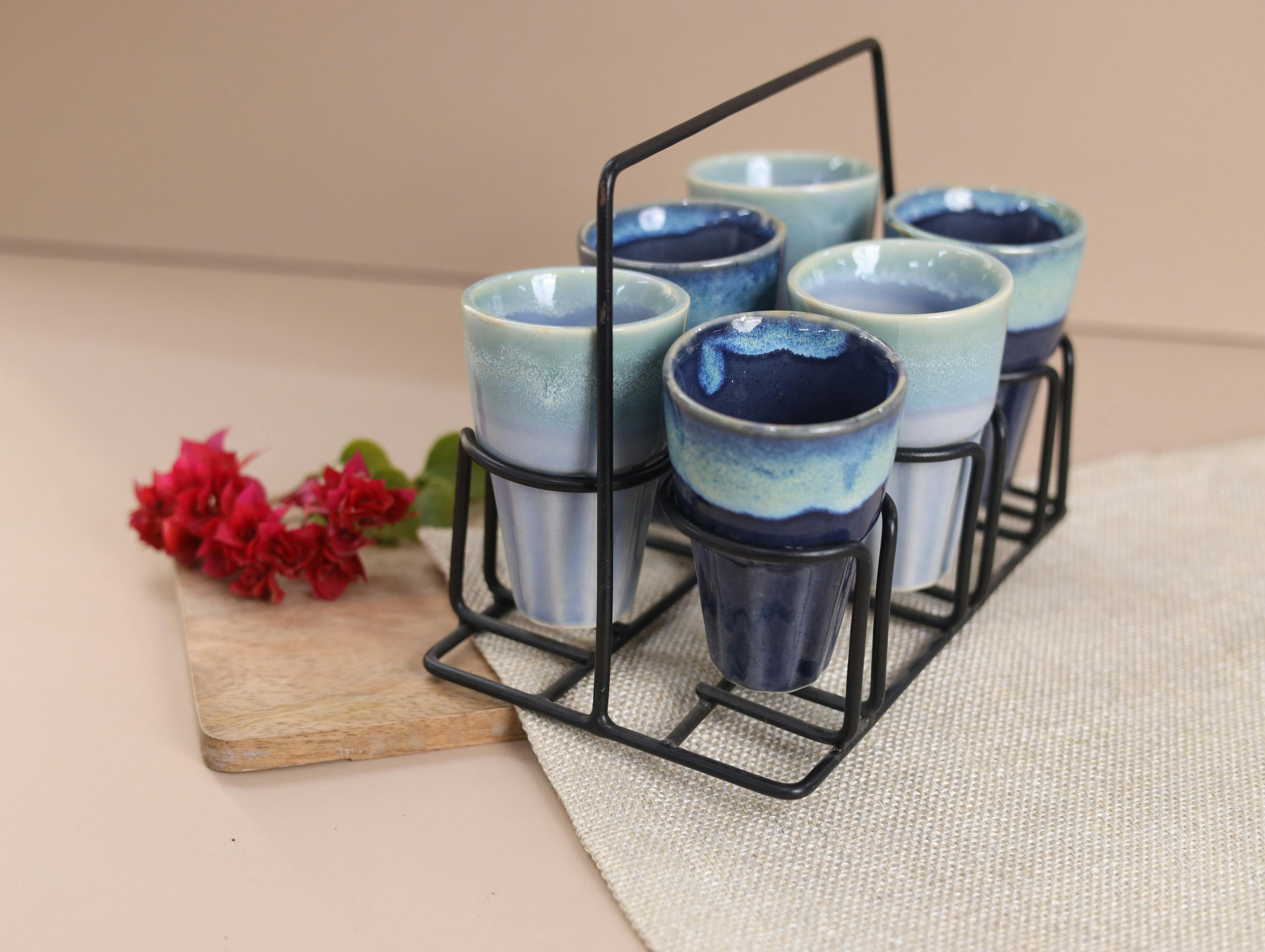 6 Chai Glasses with Stand - Light blue and dark blue, a product by Olive Home accent