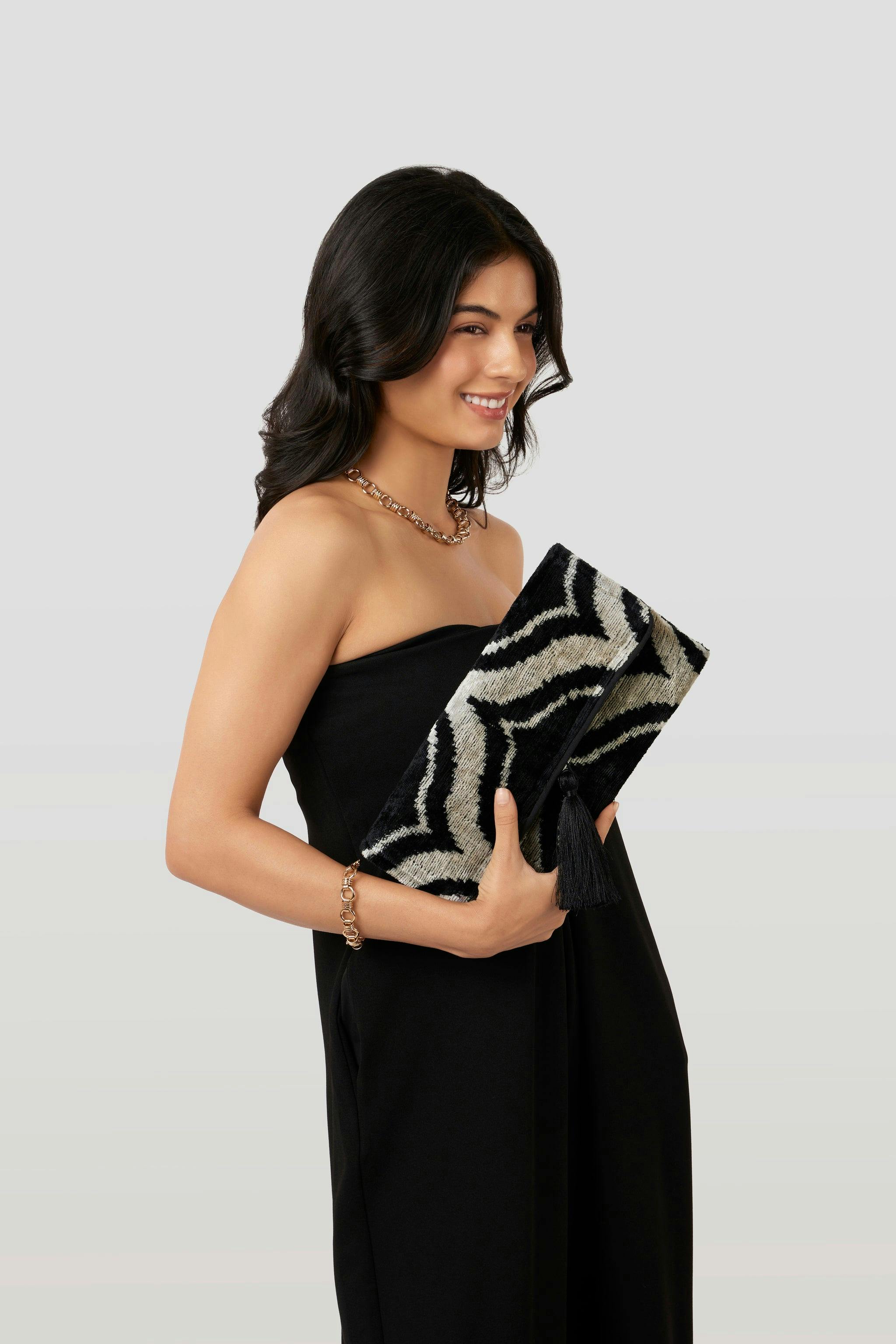 Black Temple Design Velvet Silk Fold Over Clutch, a product by JENA