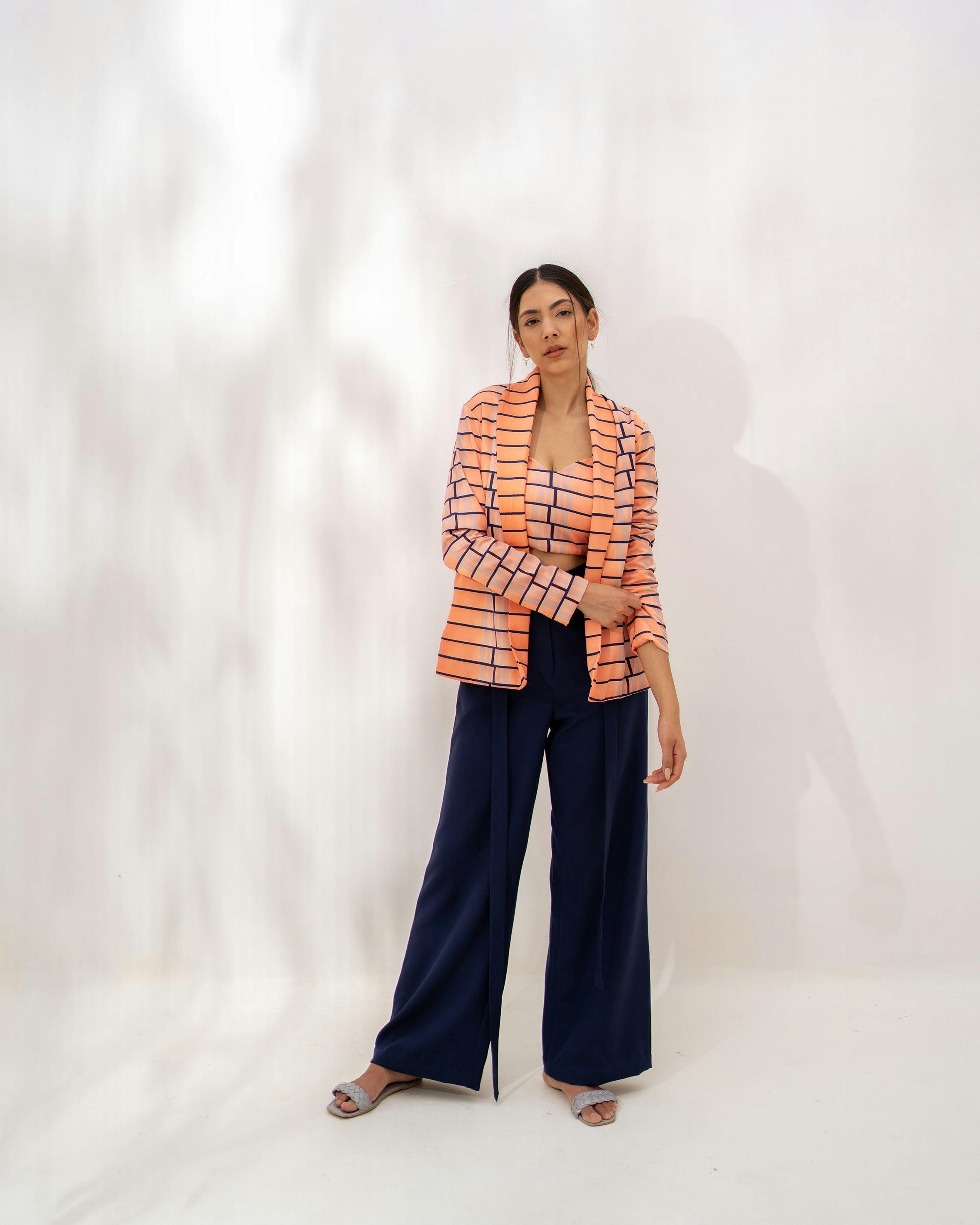 Orange and Navy printed coat set, a product by Kritika Madan