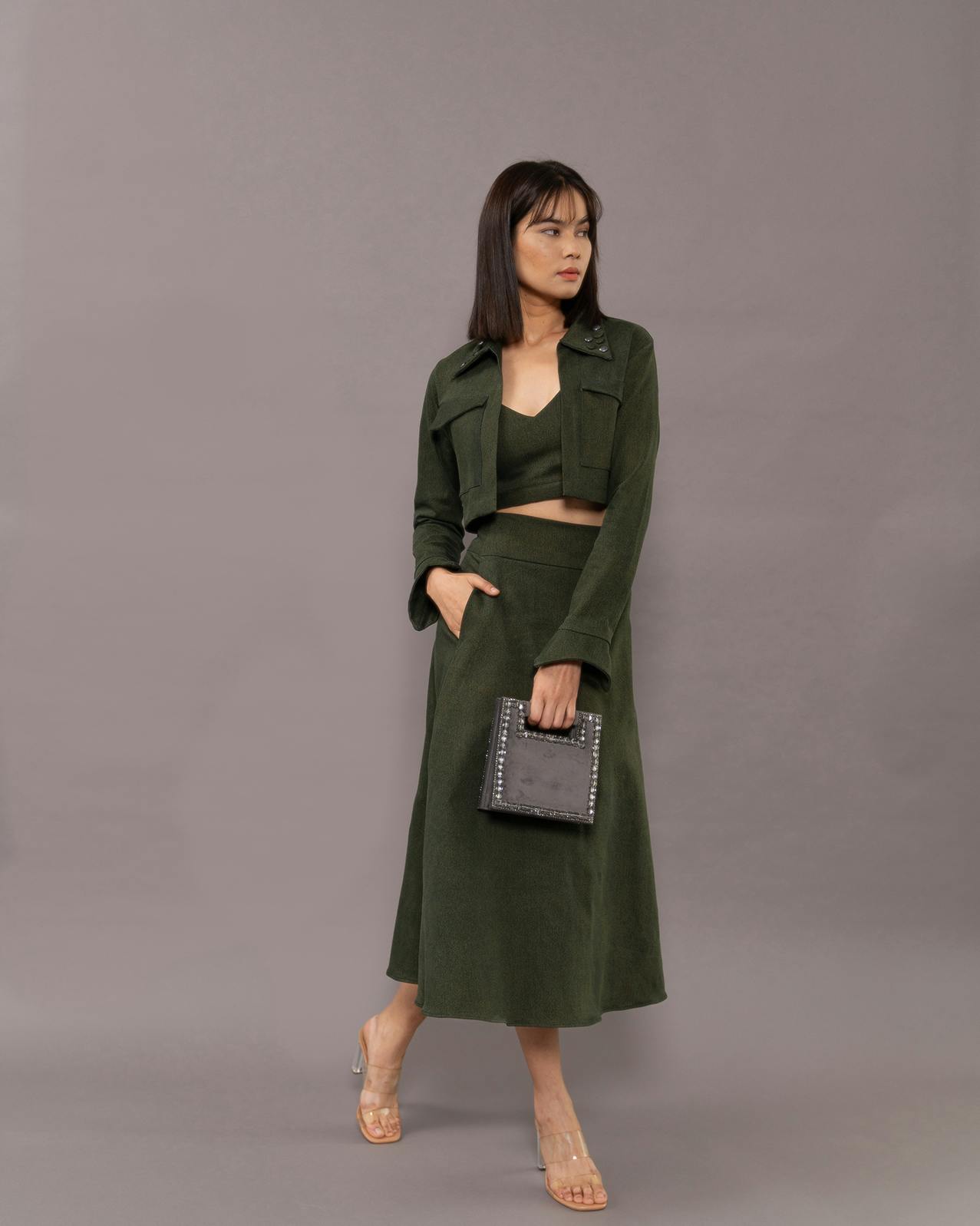 Dark green denim skirt set, a product by Kritika Madan