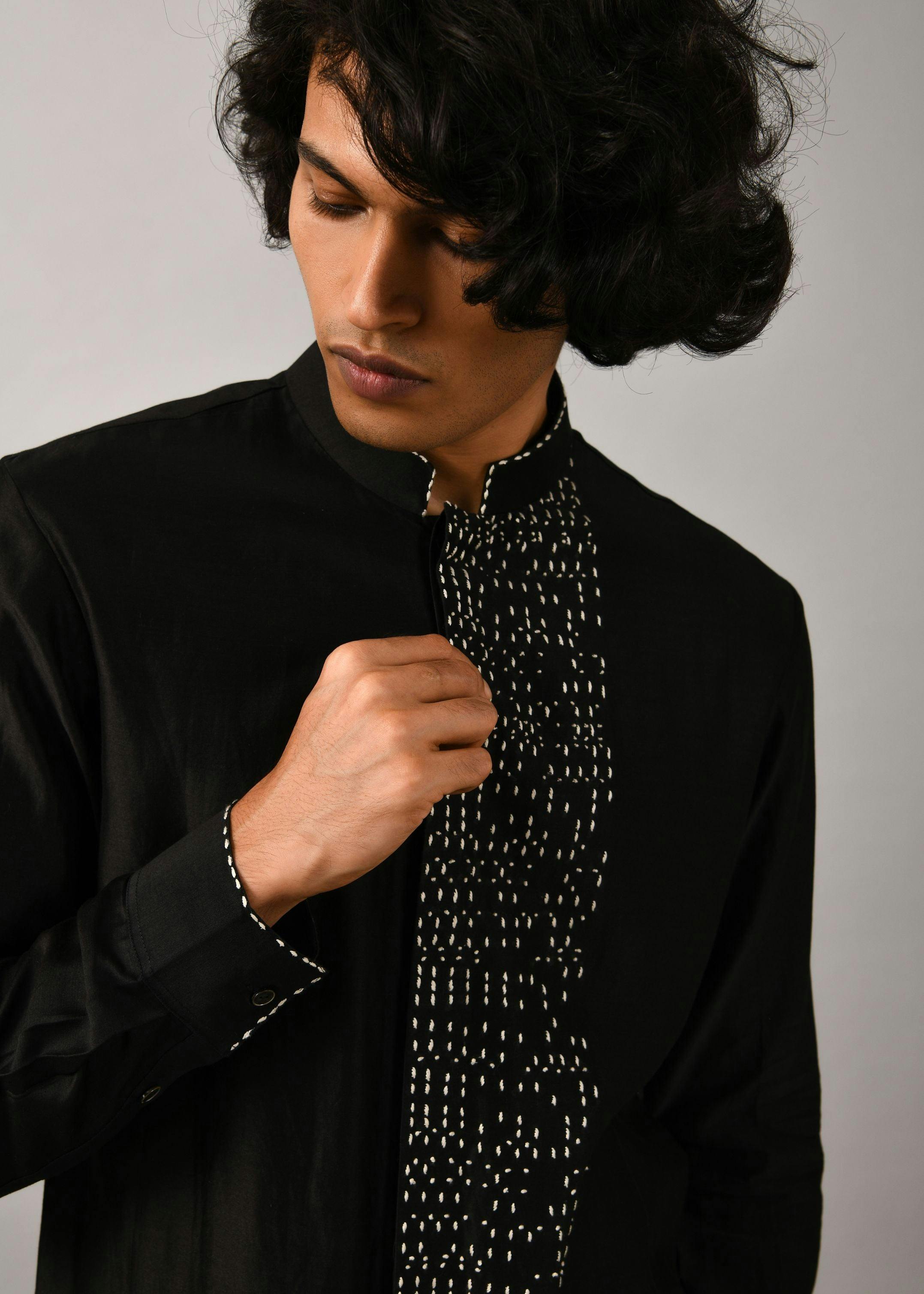 Black Morse Code Front Open Kurta, a product by Country Made