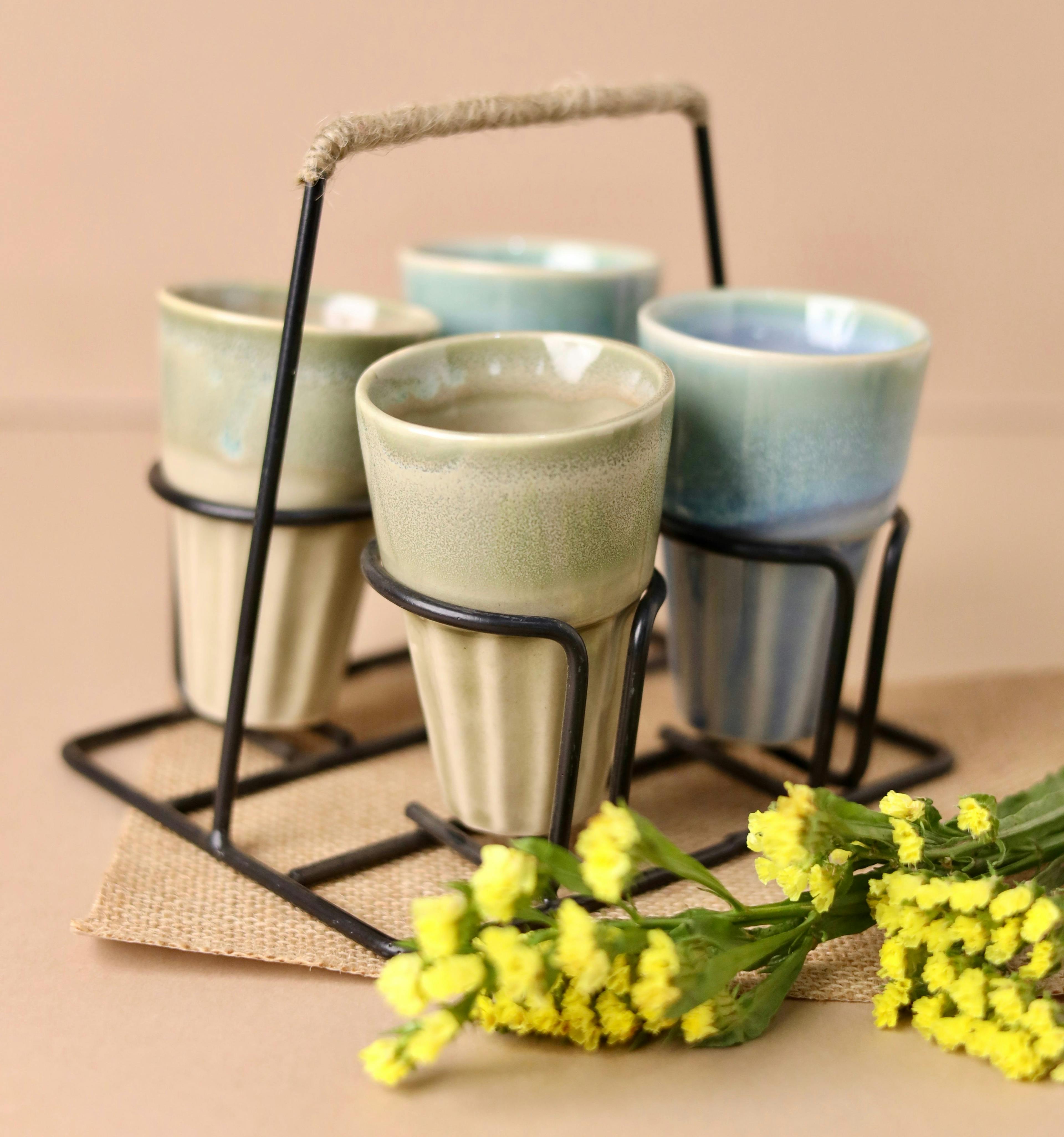 4 Chai Glasses with Stand - Light Green and Light Blue, a product by Olive Home accent