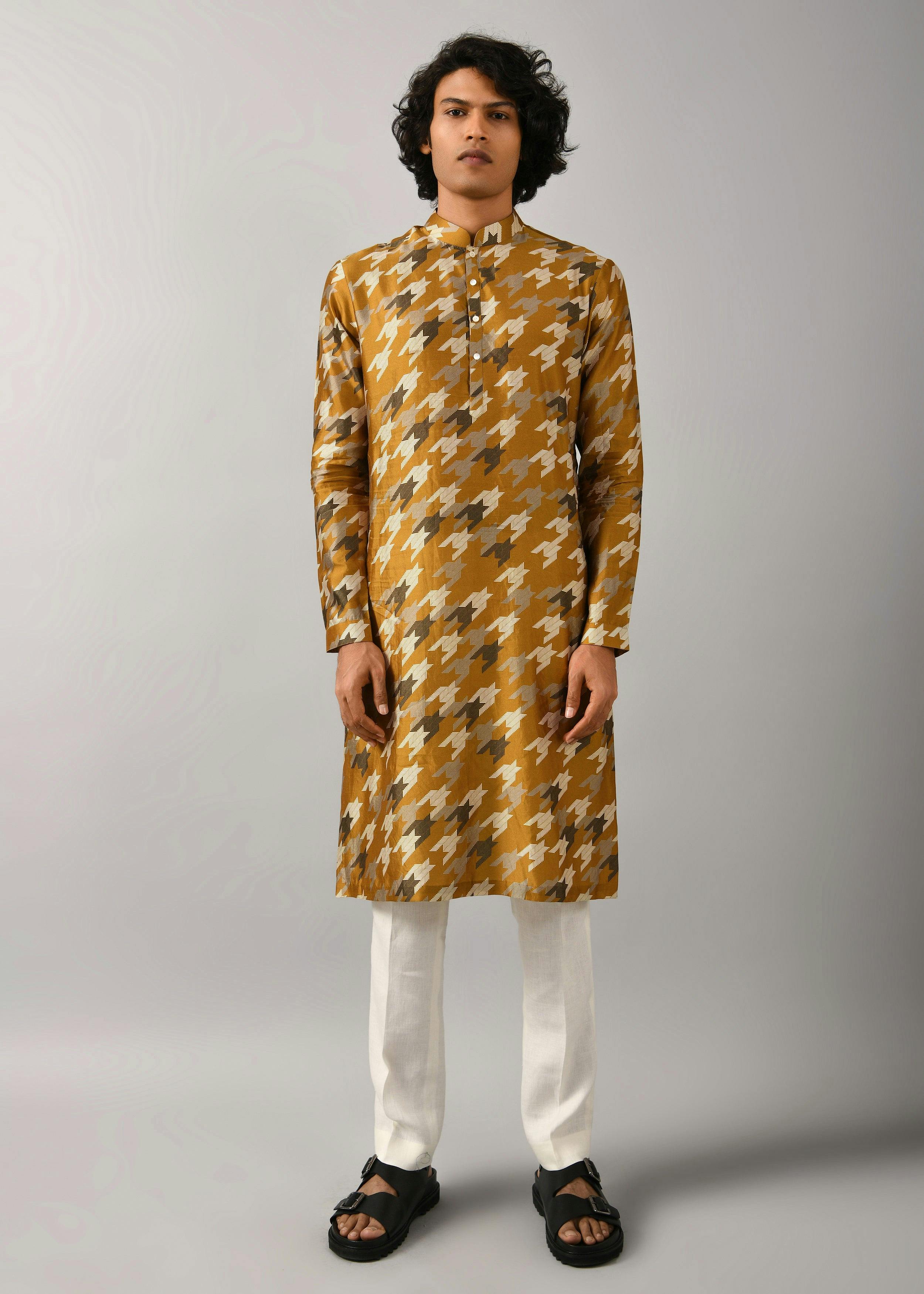 Thumbnail preview #1 for Houndstooth Silk Printed Kurta