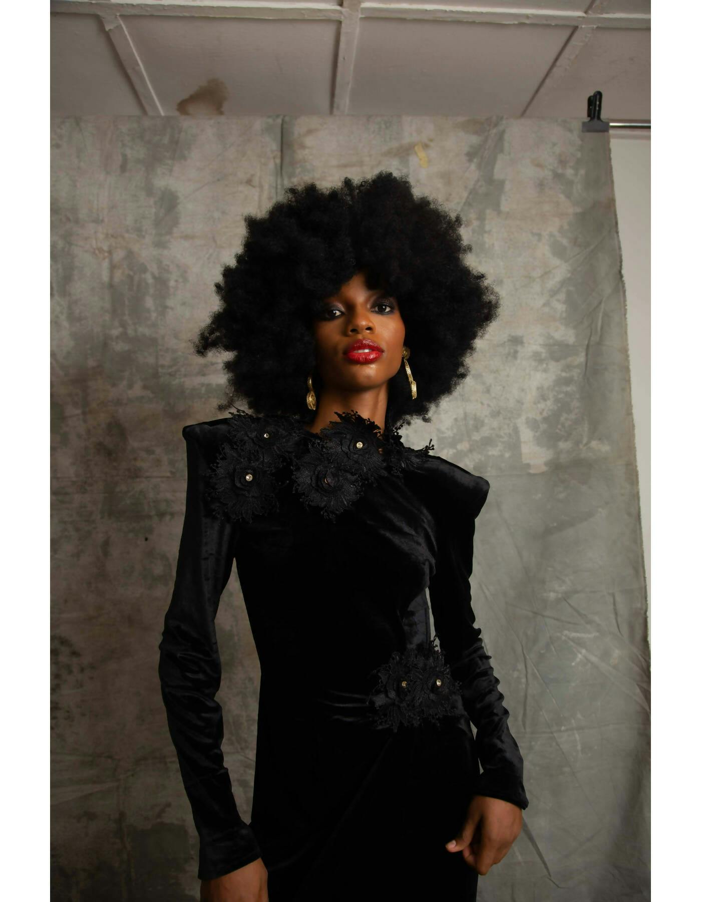 Thumbnail preview #4 for Embroidered Black Velvet Ruched Dress