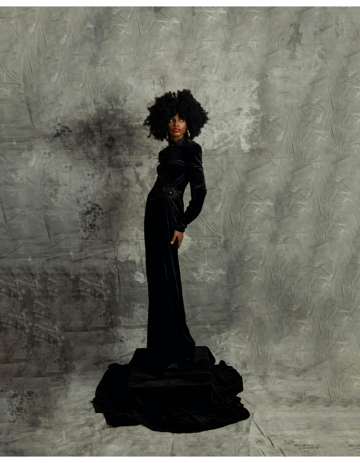 Thumbnail preview #0 for Embroidered Black Velvet Ruched Dress