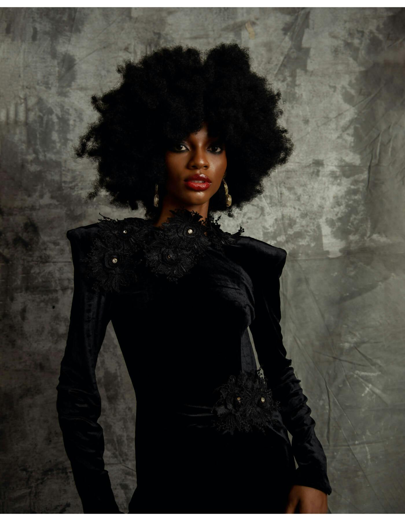 Thumbnail preview #1 for Embroidered Black Velvet Ruched Dress