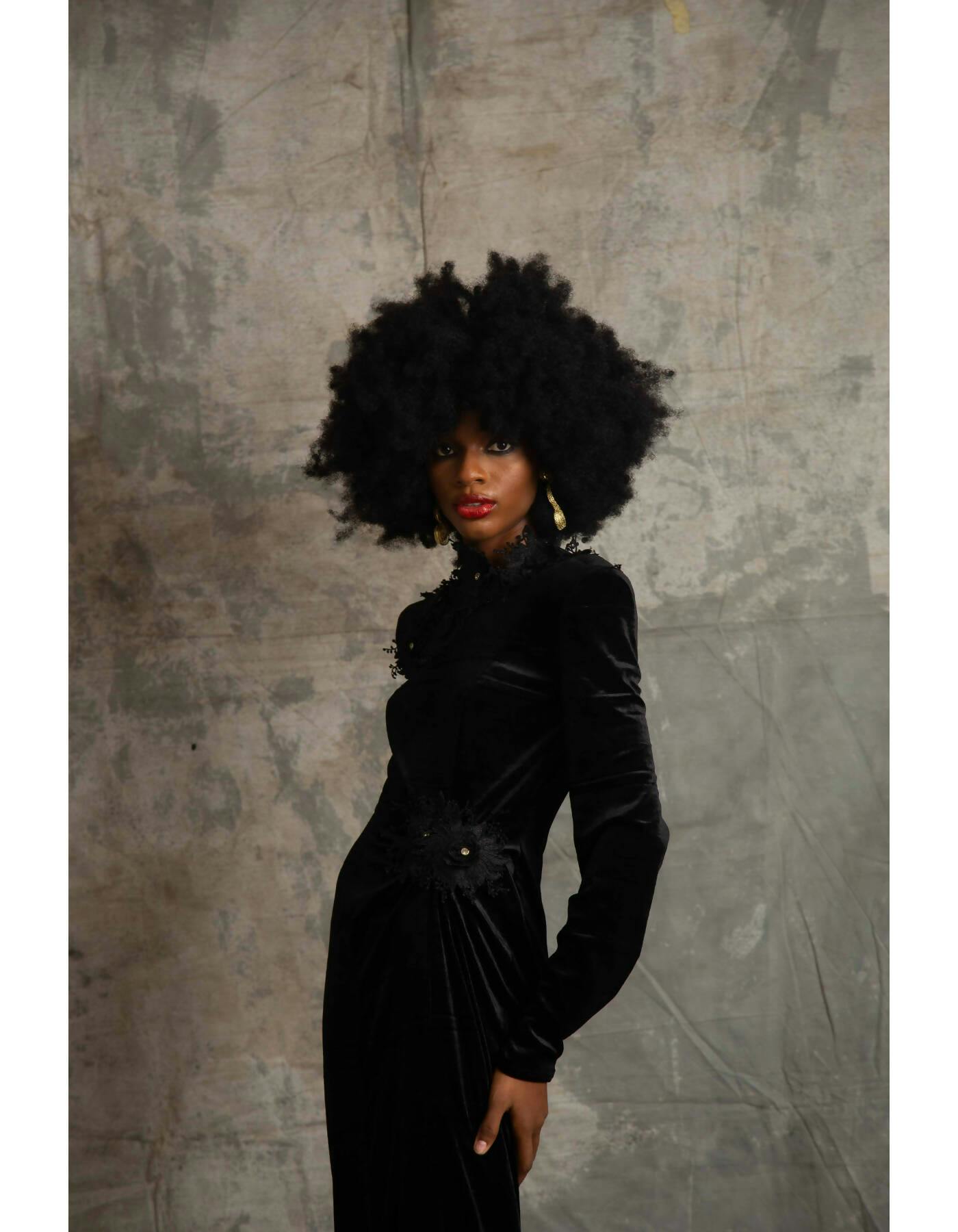 Thumbnail preview #3 for Embroidered Black Velvet Ruched Dress