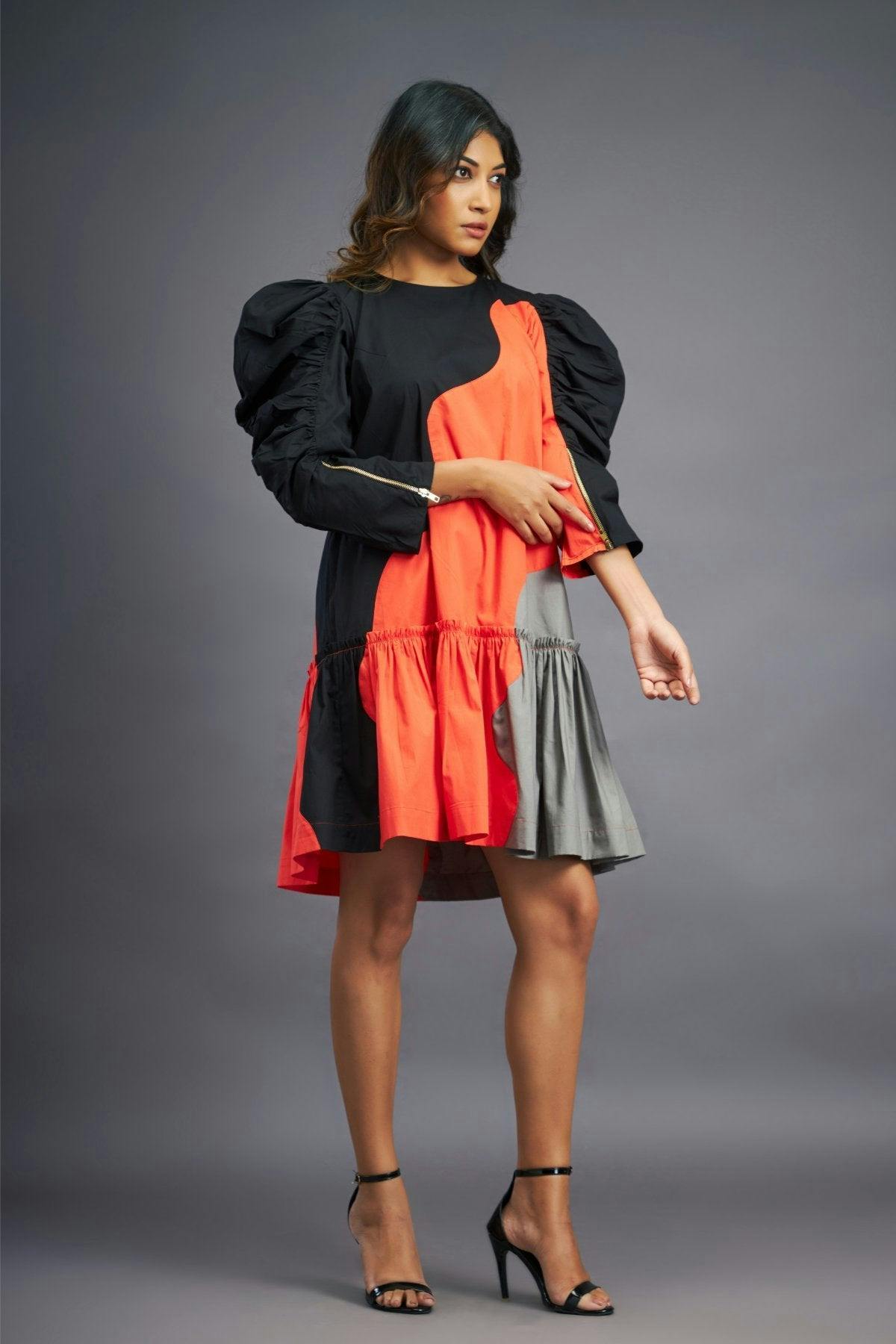 Thumbnail preview #2 for BB-1104-OG - Black Orange Short Dress With Frills