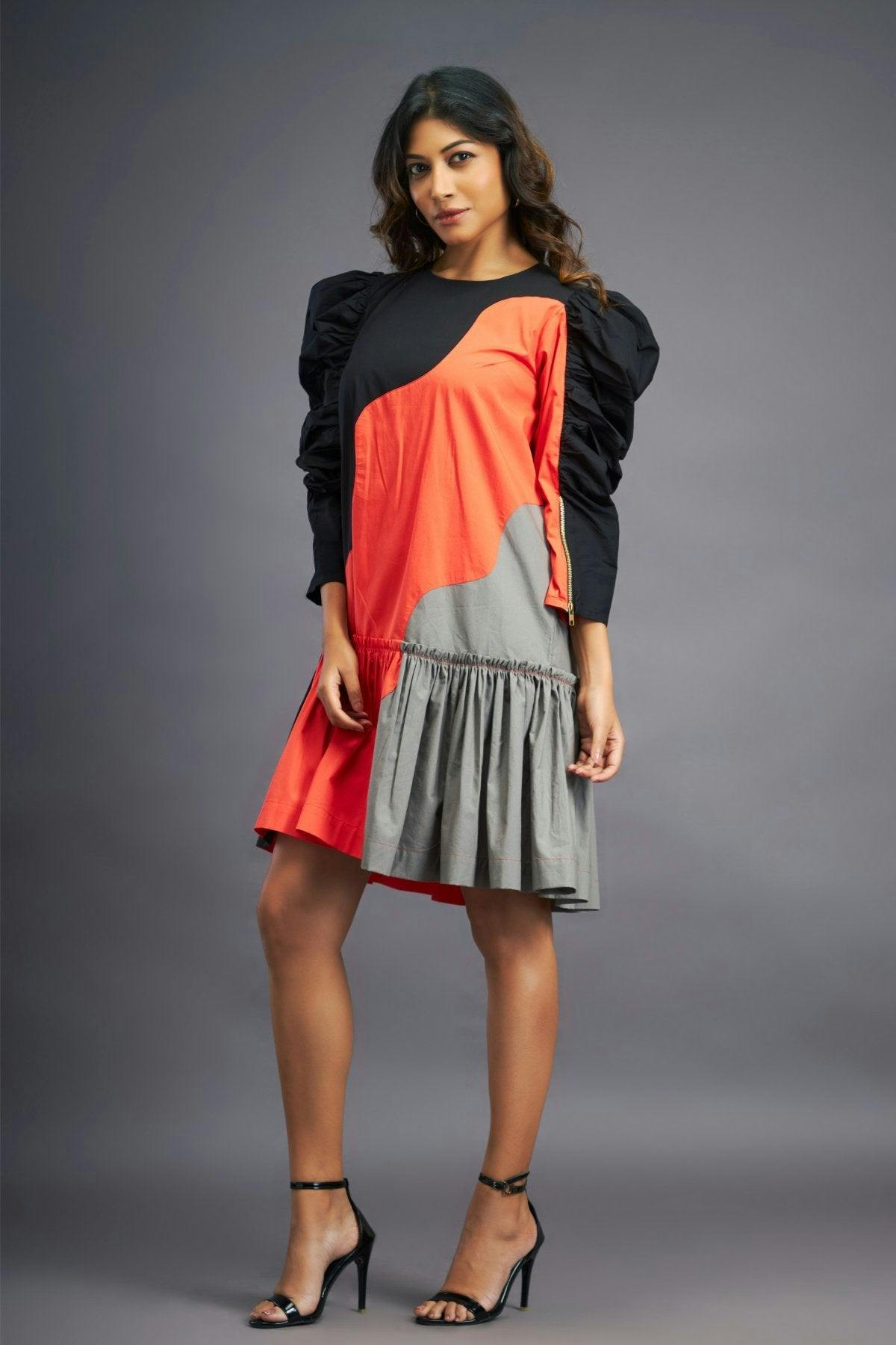 Thumbnail preview #4 for BB-1104-OG - Black Orange Short Dress With Frills