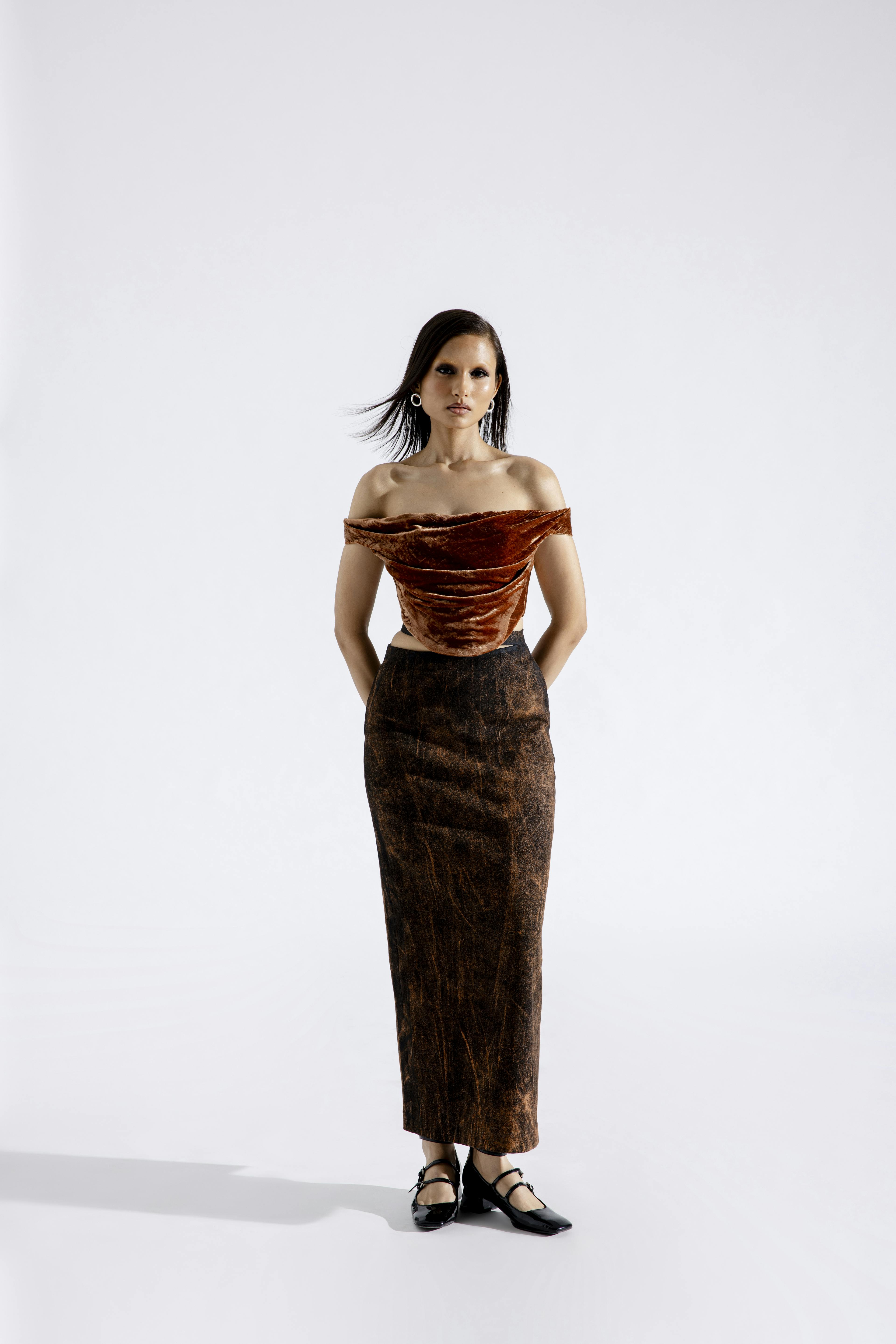 Rust grunge denim skirt, a product by AROKA