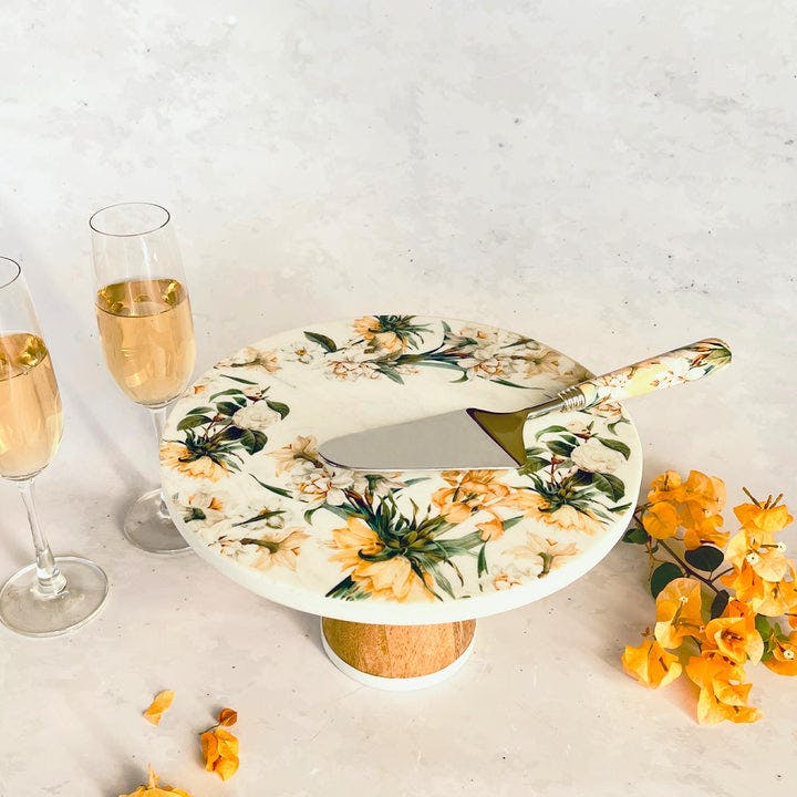 Marble Cake Stand With Cake Server - Lisbon Lemon, a product by Faaya Gifting