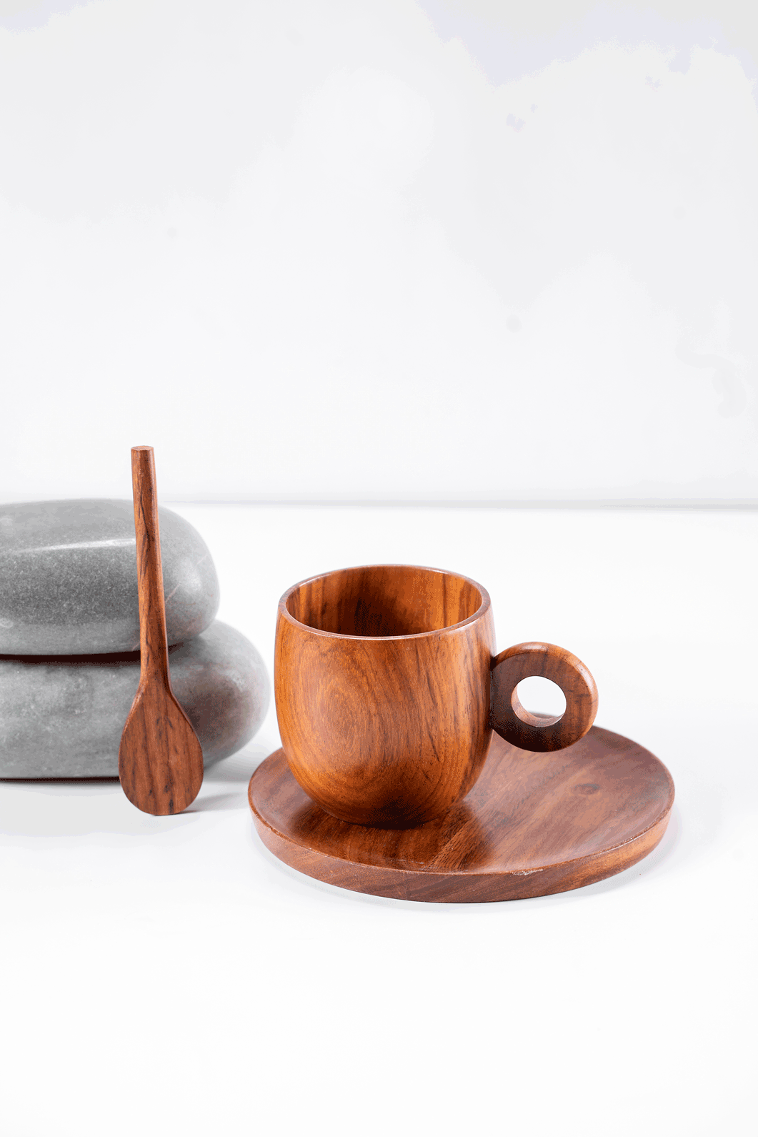 Shikora - Wooden cup saucer and spoon set, a product by Araana Homes