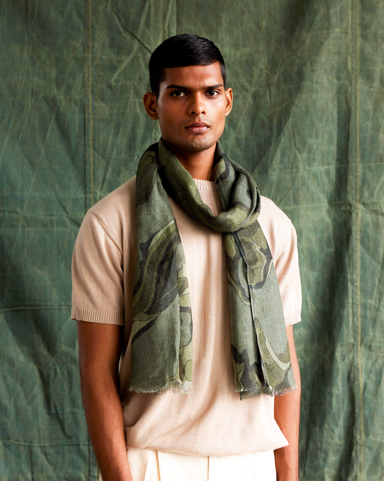 Military Green Molten Camo Print Linen Scarf, a product by Country Made