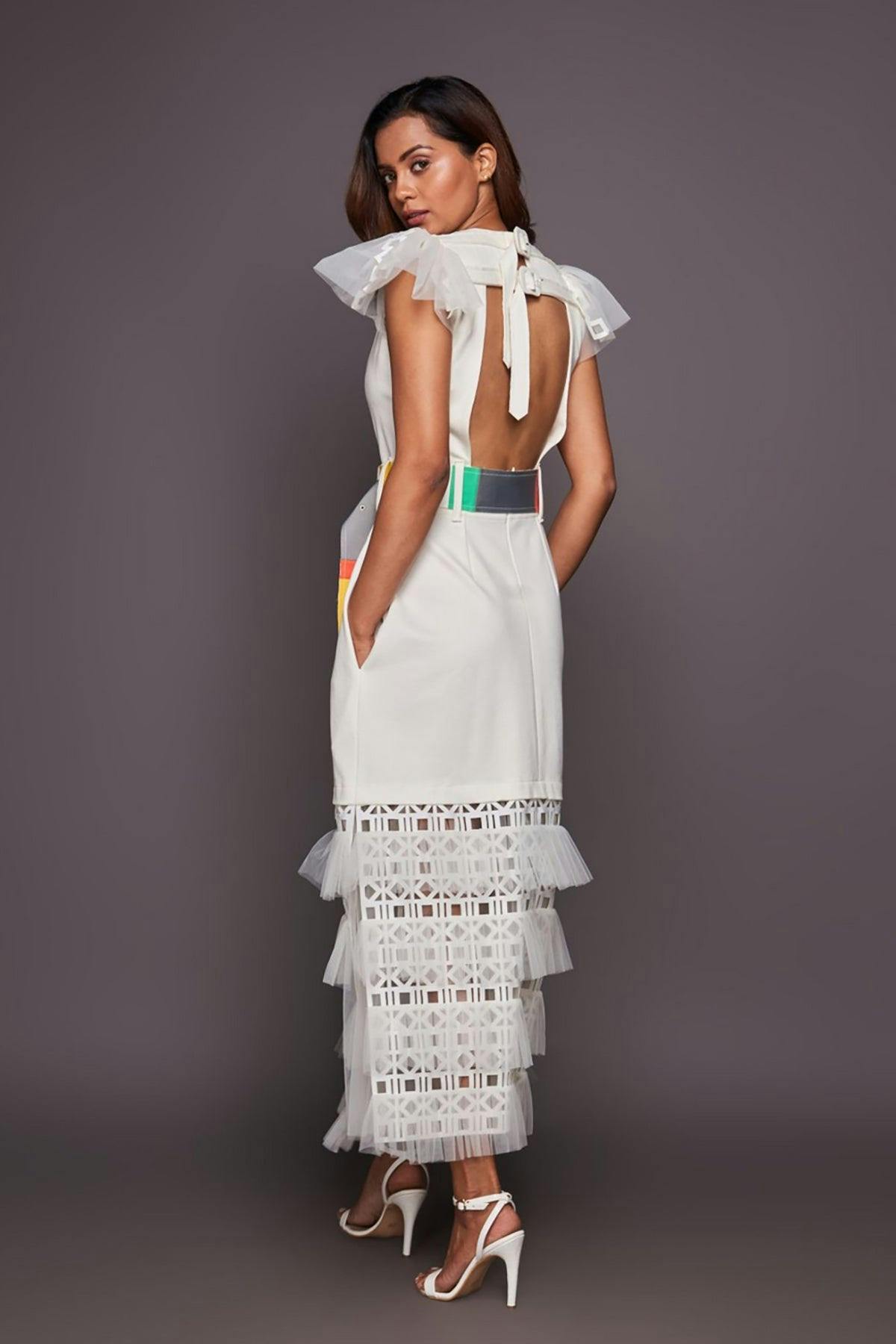 F2-1104-W-BeltYellowGreen White Backless Cutwork Dress With Belt: F2-1104-W-BeltYellowGreen, a product by Deepika Arora