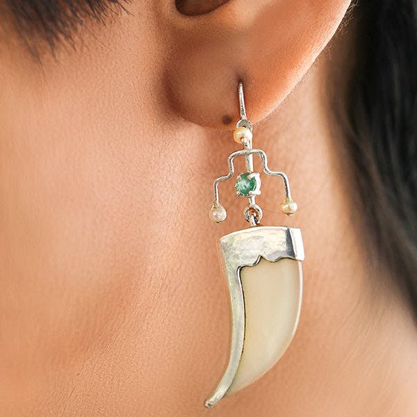 AVANI Silver Faux Tiger Claw Green Royal Earrings, a product by Baka
