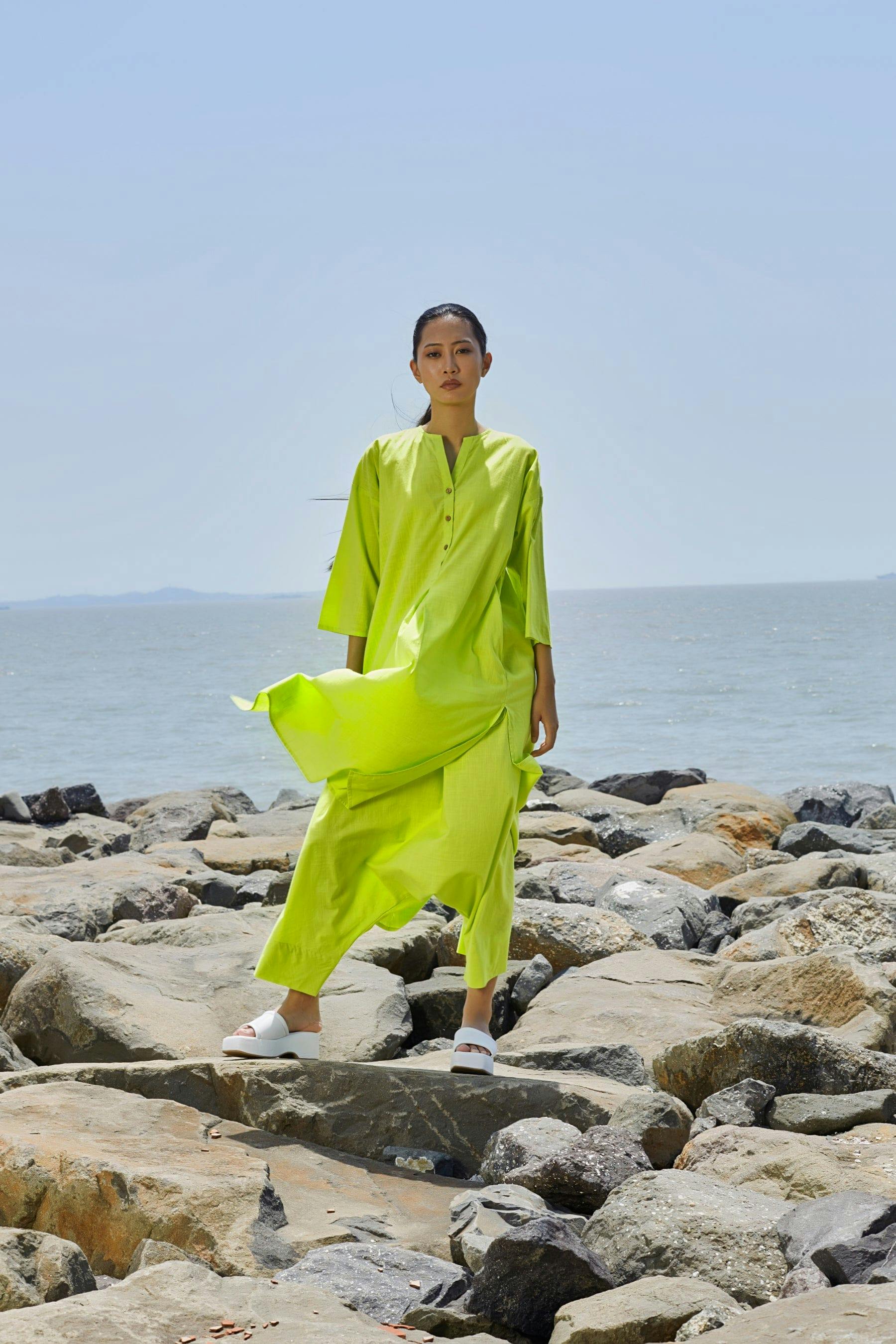 Thumbnail preview #1 for Neon Green Placket Tunic Set