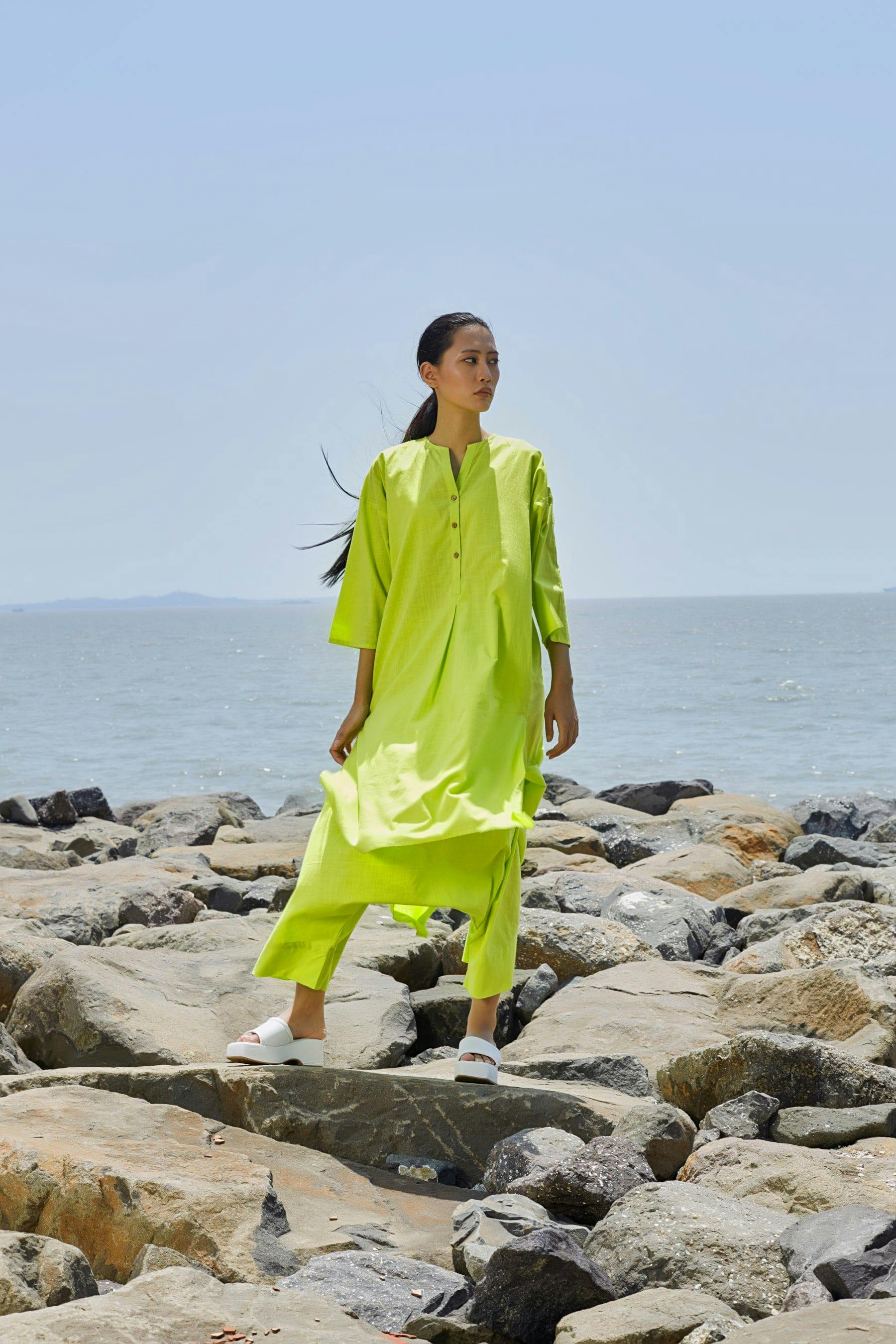 Thumbnail preview #0 for Neon Green Placket Tunic Set