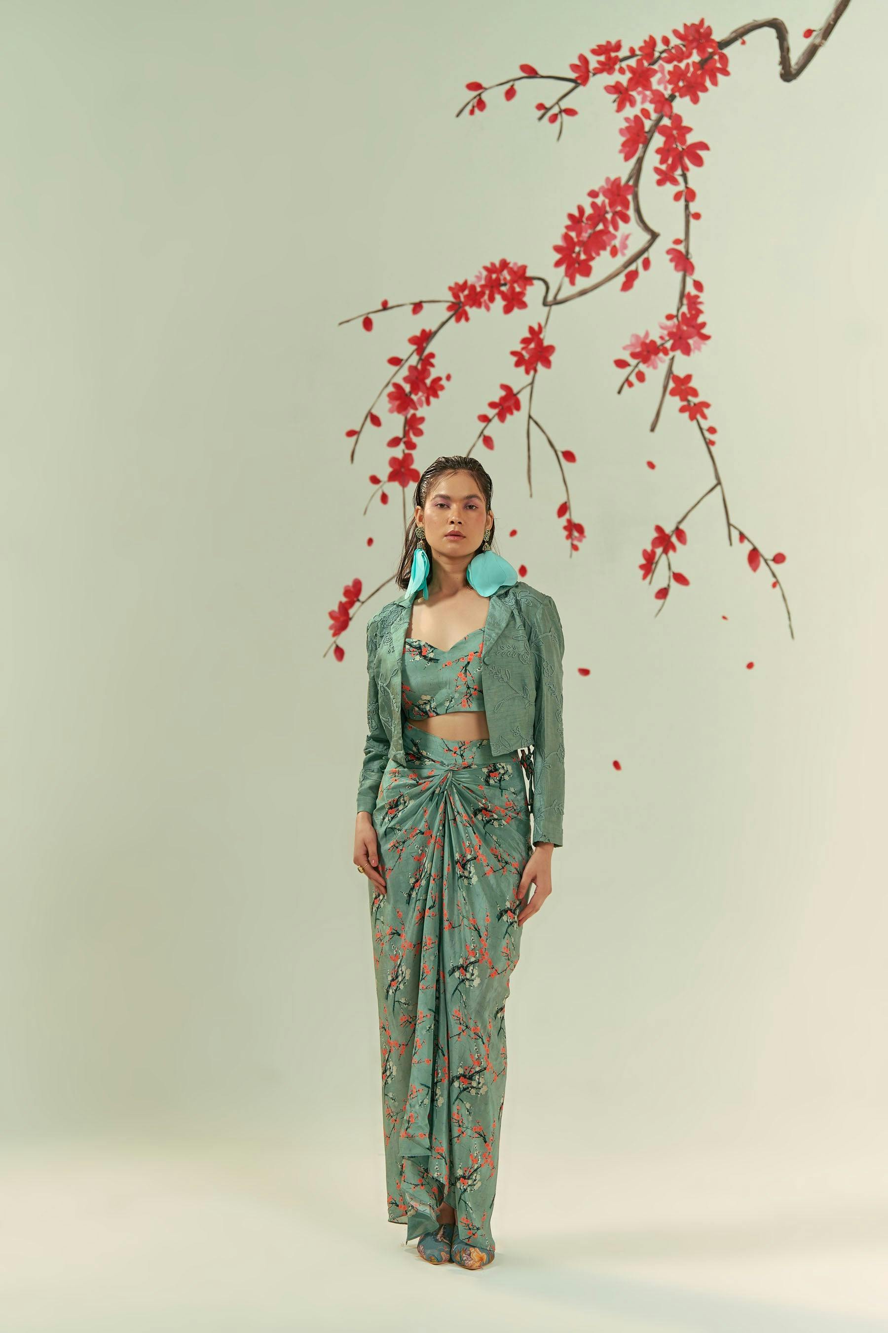 Kaze Embroidered Blazer With Printed Bustier And Skirt Co-ord Set, a product by COEUR by Ankita Khurana