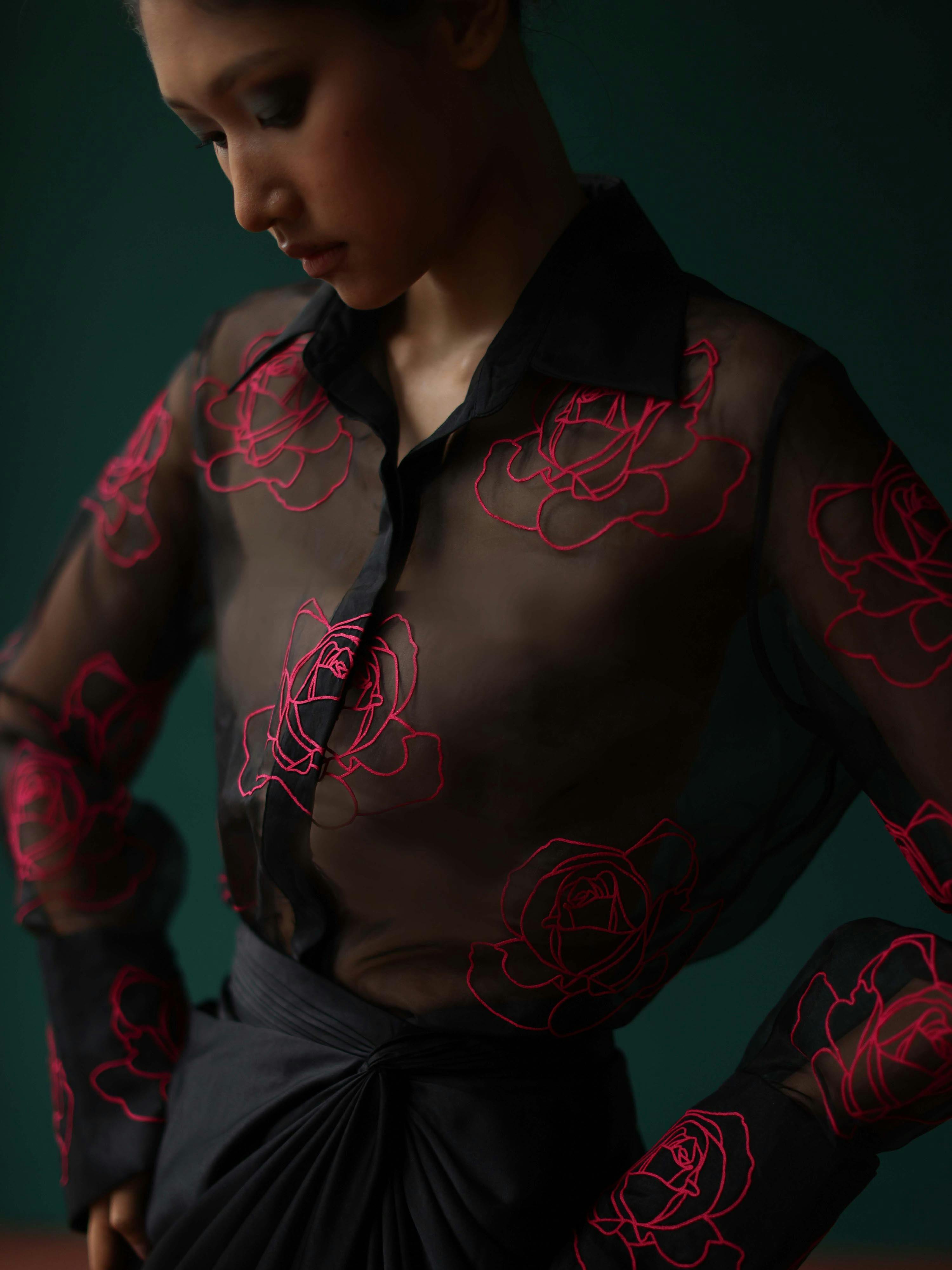Sheer shirt with dimensional roses, a product by Shriya Khanna