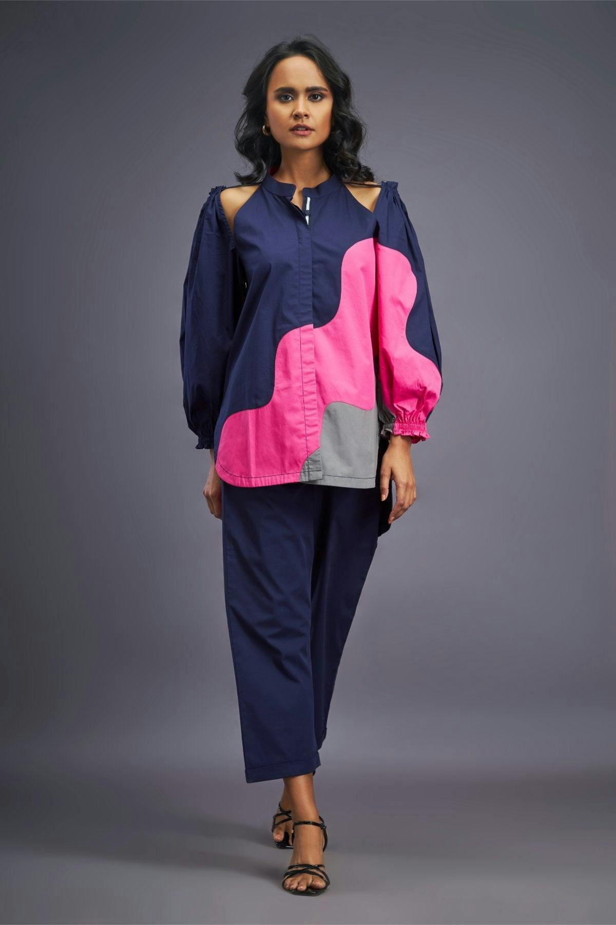 Navy Blue Pink Shirt With Shoulder Cut Detail, a product by Deepika Arora