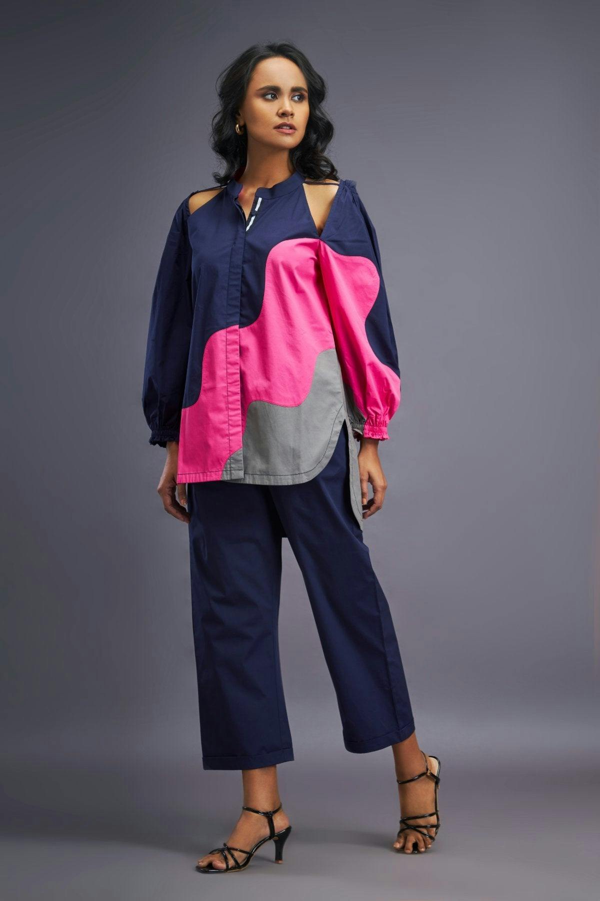 Thumbnail preview #1 for BB-1112-PG-T - Navy Blue Pink Shirt With Shoulder Cut Detail