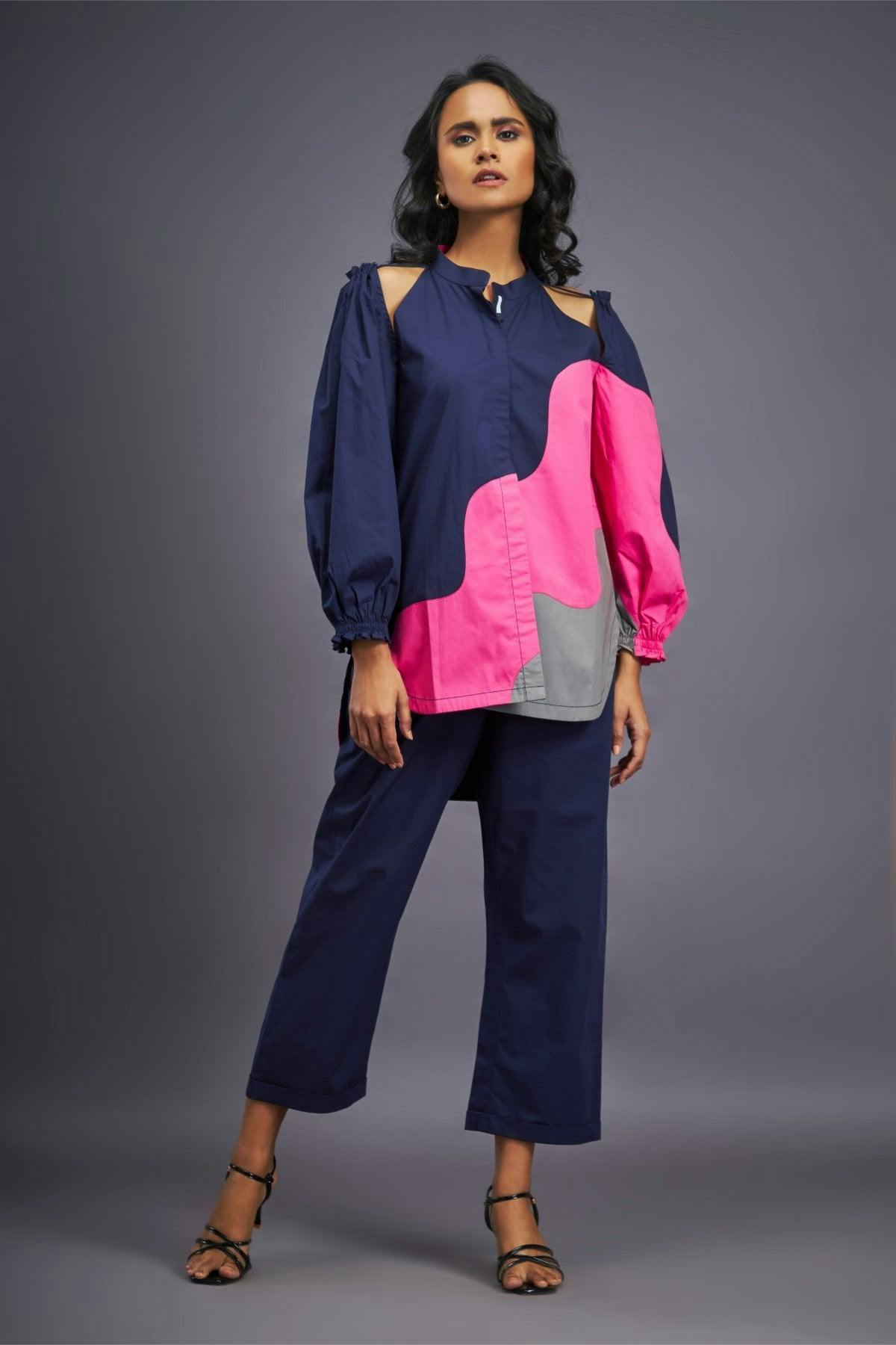 Thumbnail preview #3 for BB-1112-PG-T - Navy Blue Pink Shirt With Shoulder Cut Detail