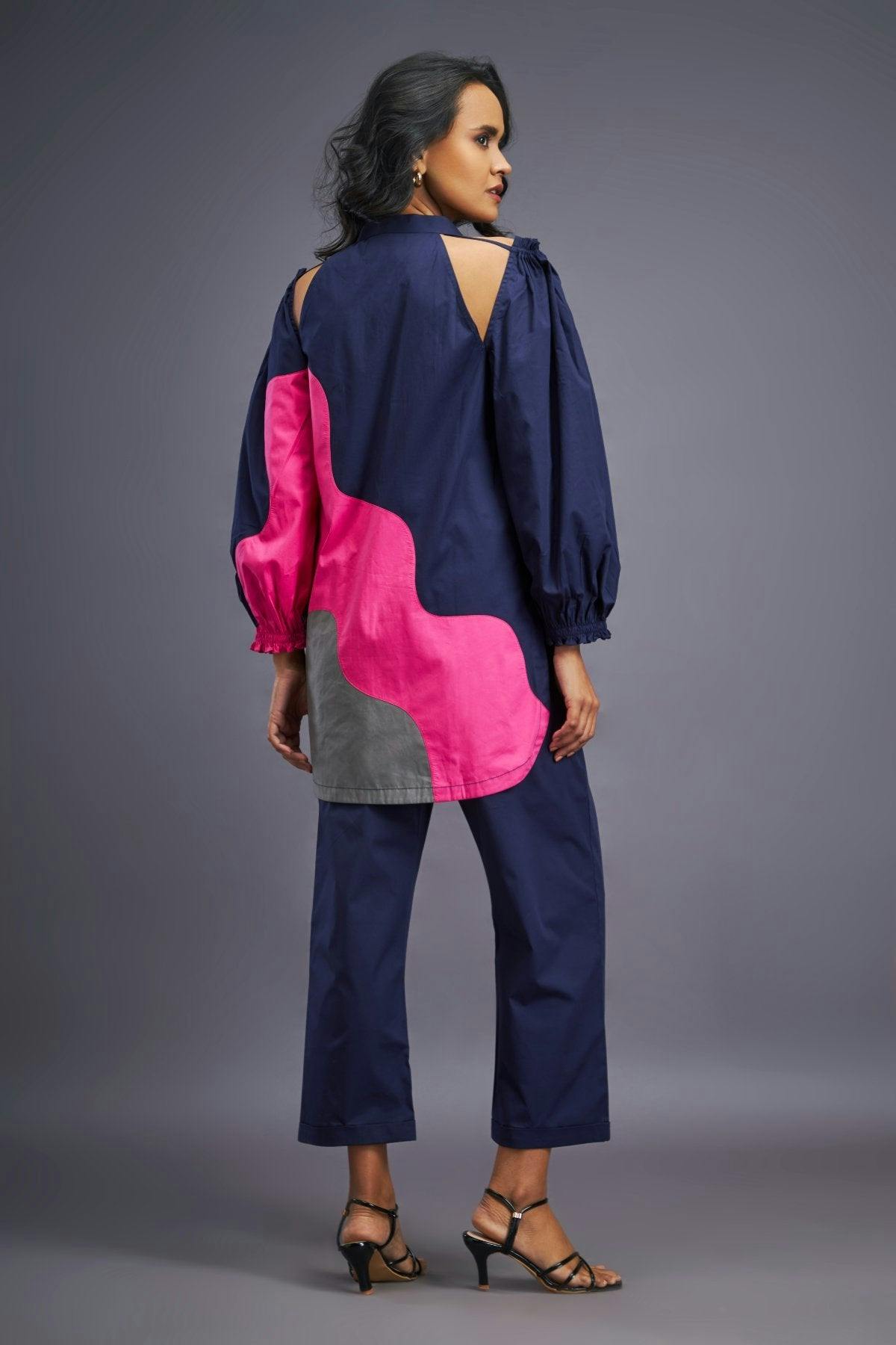 Thumbnail preview #4 for BB-1112-PG-T - Navy Blue Pink Shirt With Shoulder Cut Detail