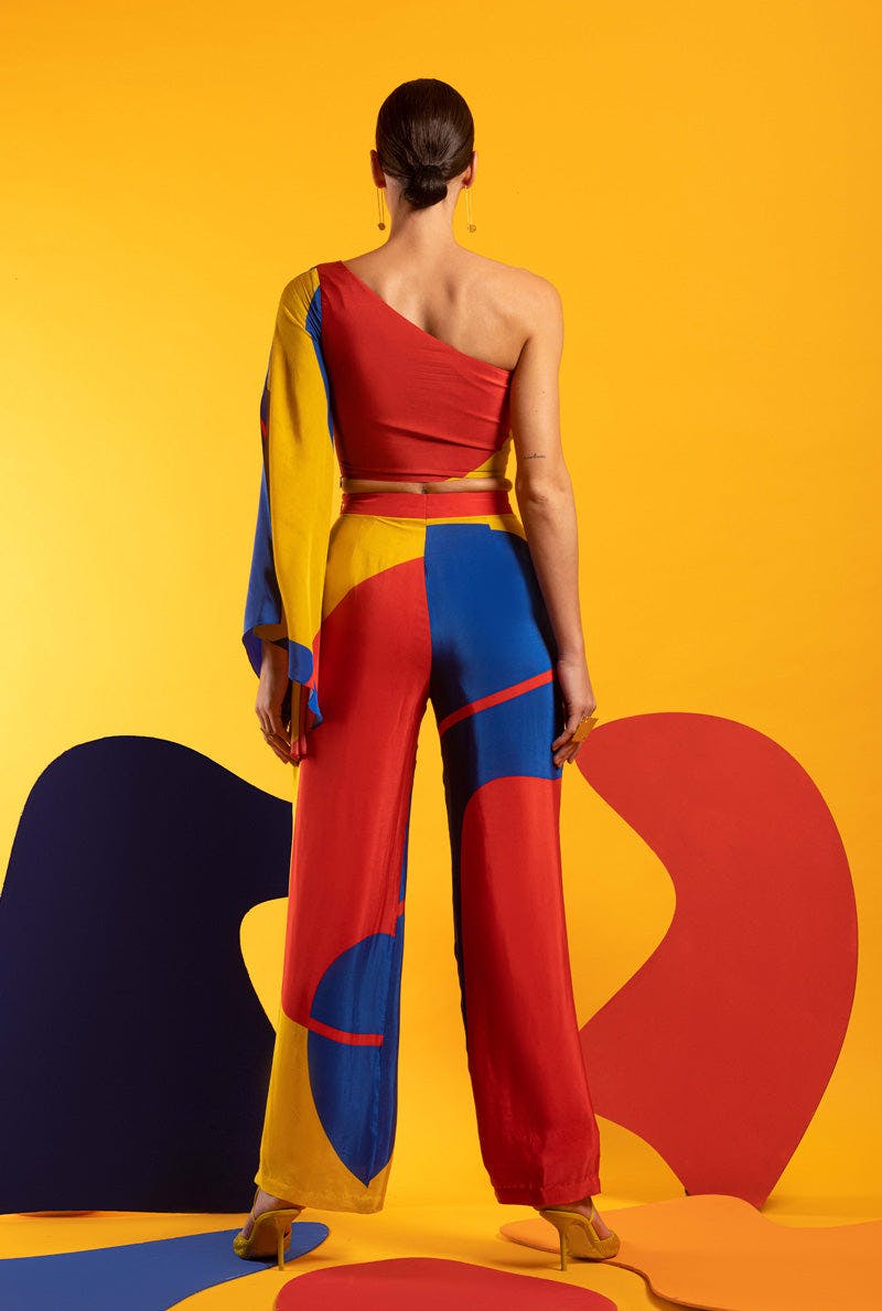 Thumbnail preview #2 for Blue-Red-Yellow Women One off Shoulder Top with Pants - STYLE RADAR
