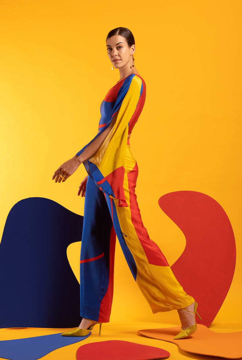 Thumbnail preview #1 for Blue-Red-Yellow Women One off Shoulder Top with Pants - STYLE RADAR