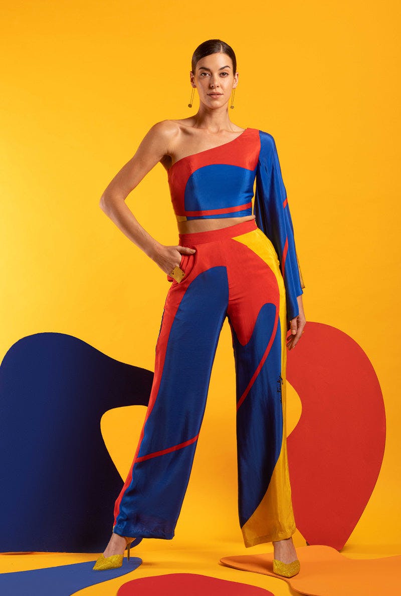 Blue-Red-Yellow Women One off Shoulder Top with Pants - STYLE RADAR, a product by Nautanky