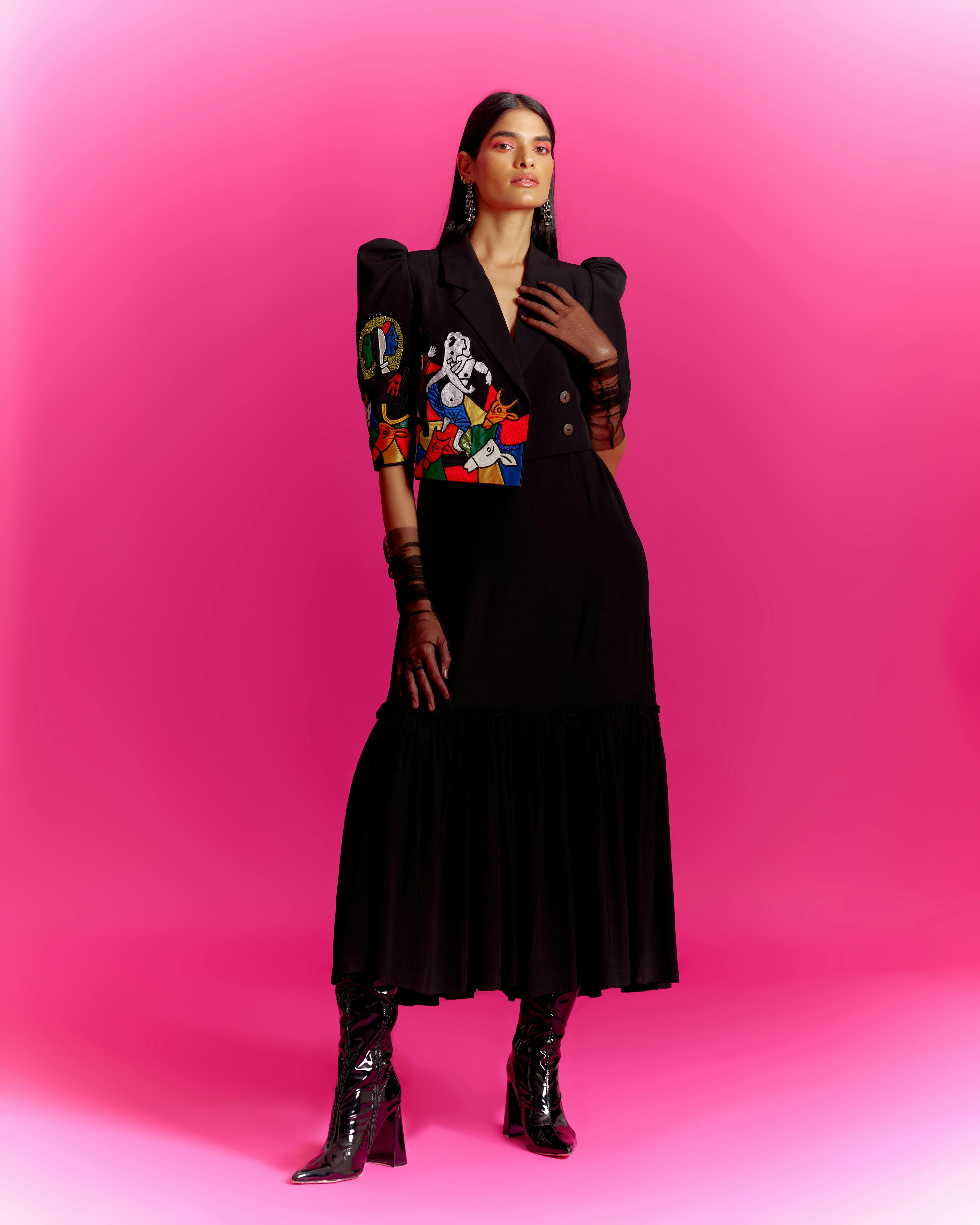 Black Crepe Embroidered Jacket Dress, a product by Mini Sondhi