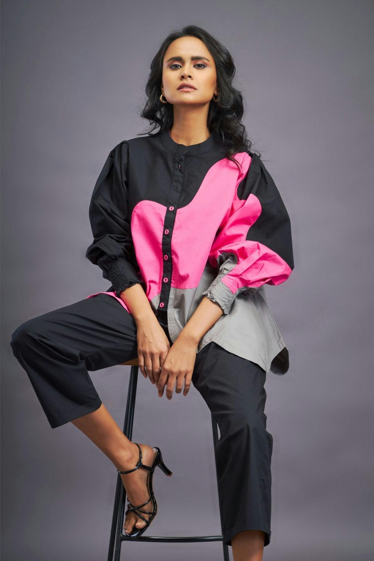 Black Pink Shirt With Curve Cut Pattern, a product by Deepika Arora