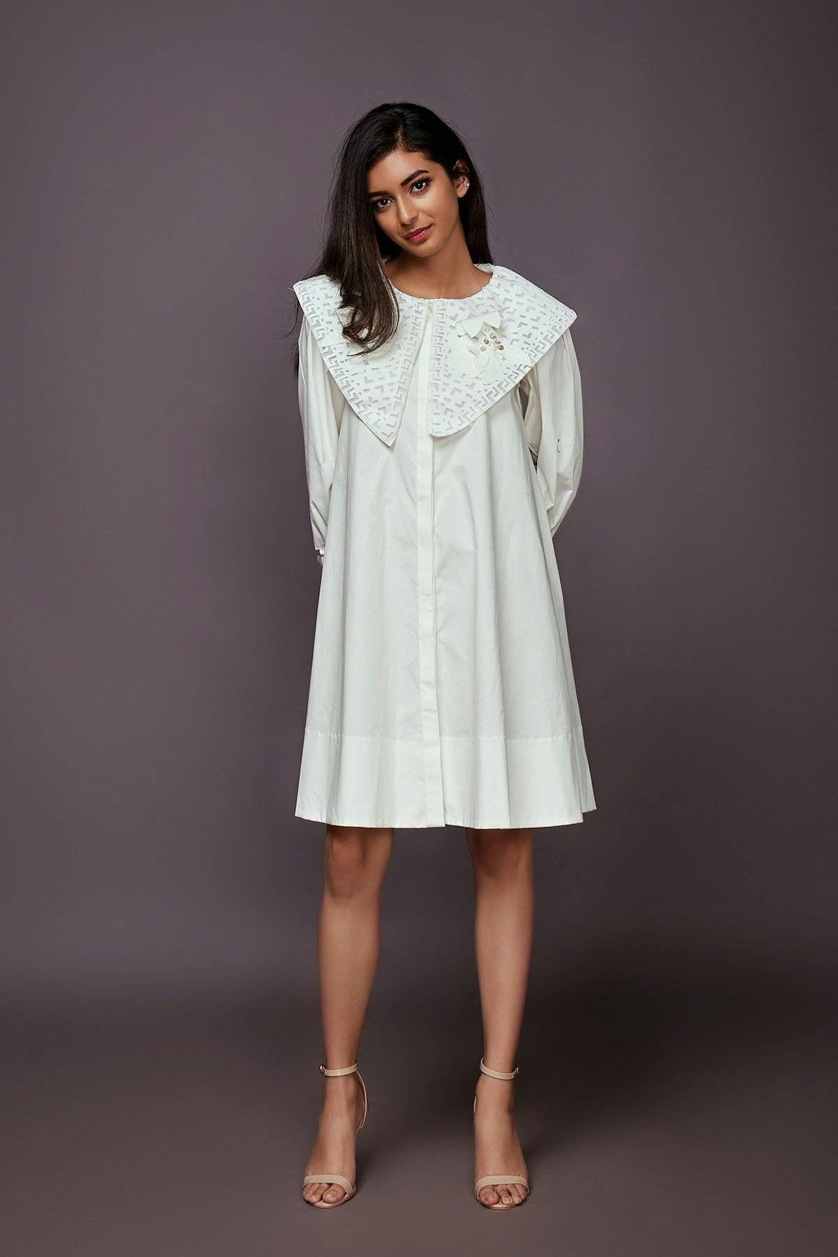 NN-1128-W ::: White A-Line Cotton Dress With Cutwork Collar, a product by Deepika Arora