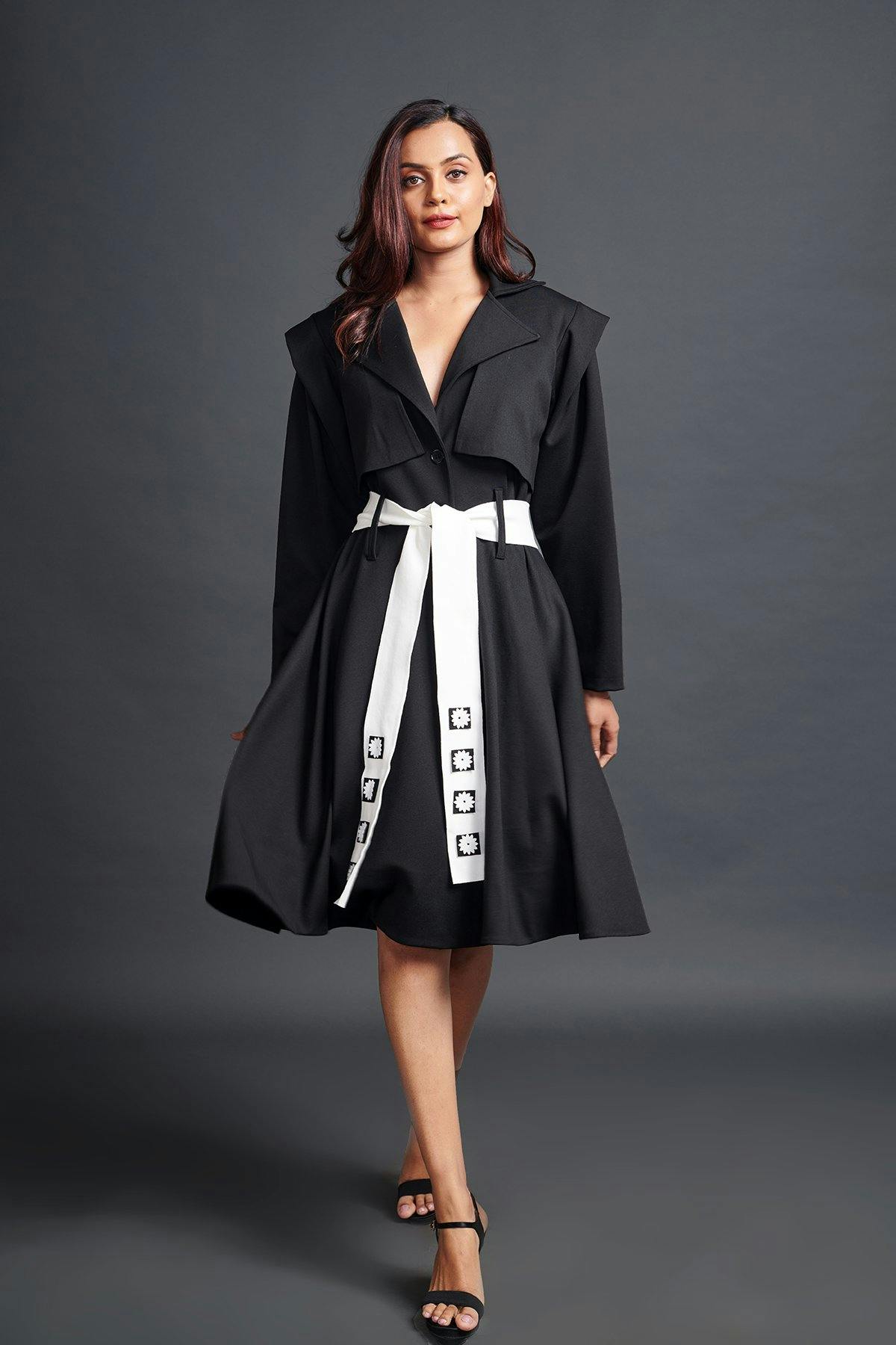 black jacket dress with sash belt, a product by Deepika Arora