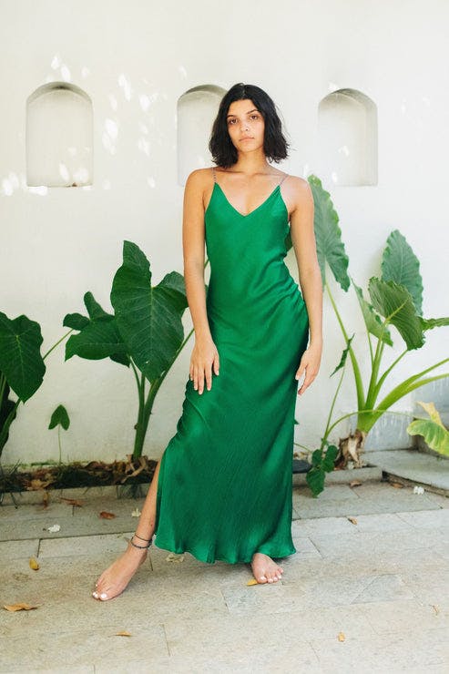 Thumbnail preview #0 for Emerald Green Satin Slip Dress With Handcrafted Straps