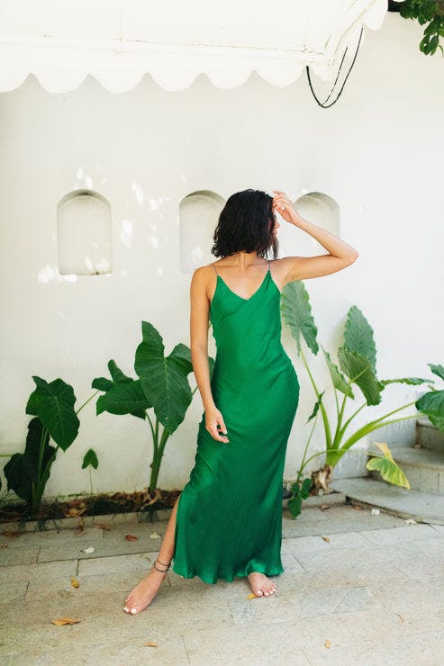 Thumbnail preview #3 for Emerald Green Satin Slip Dress With Handcrafted Straps