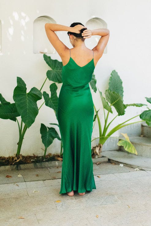 Thumbnail preview #2 for Emerald Green Satin Slip Dress With Handcrafted Straps