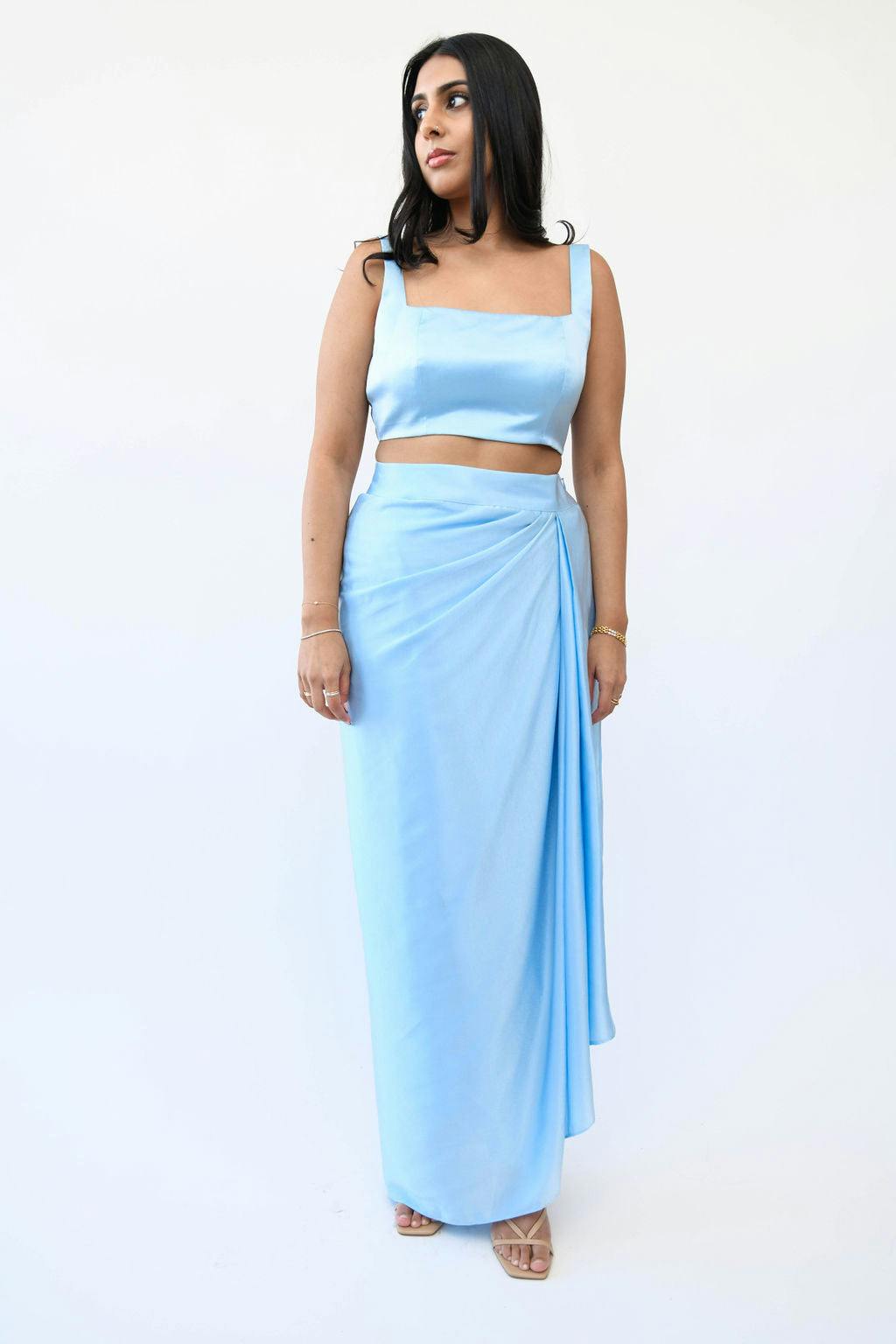 Ice Blue Satin Drape Skirt & Blouse Set, a product by MOR Collections