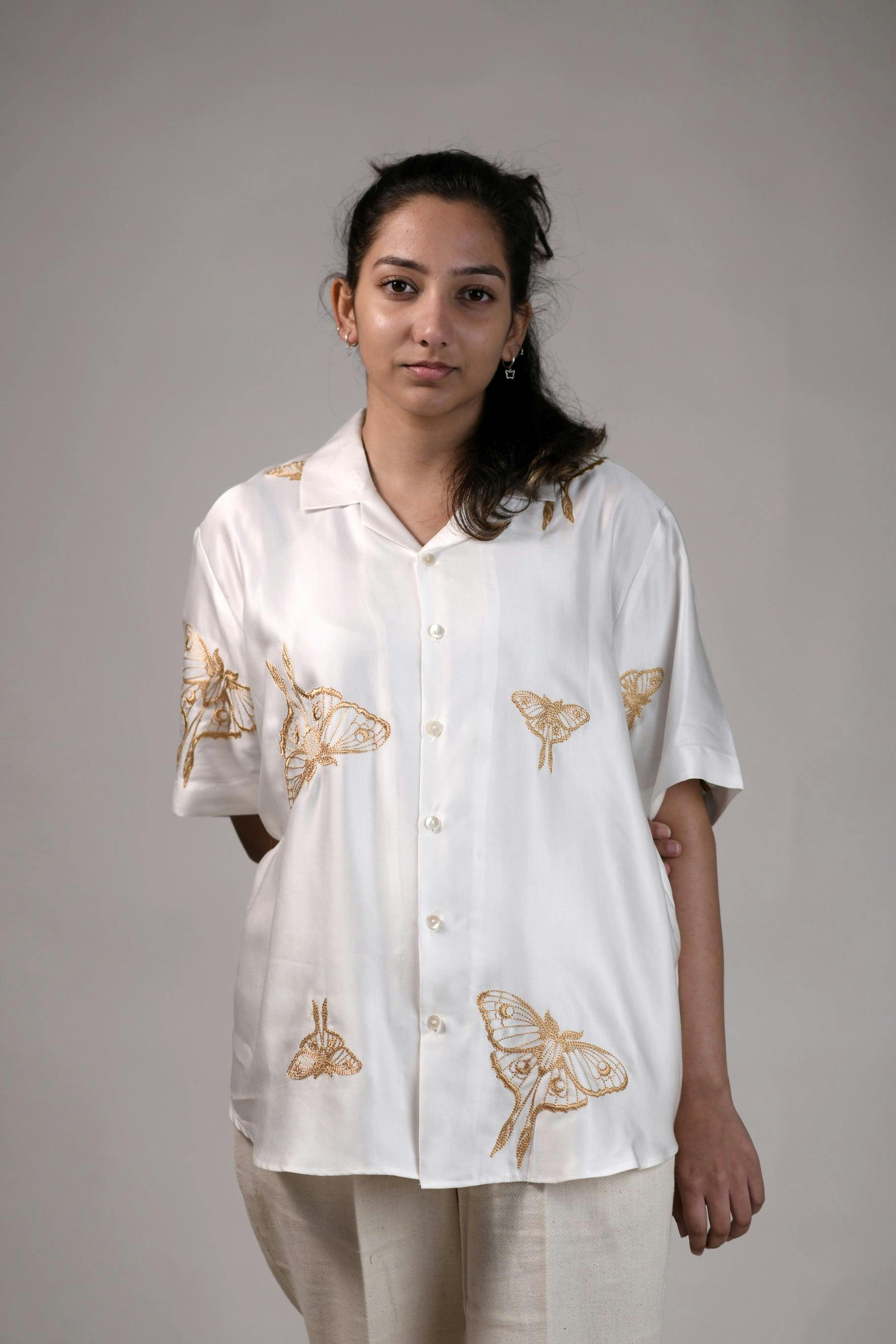 Lunar Moth| White | Unisex Lounge Shirt, a product by Ananya - The Label