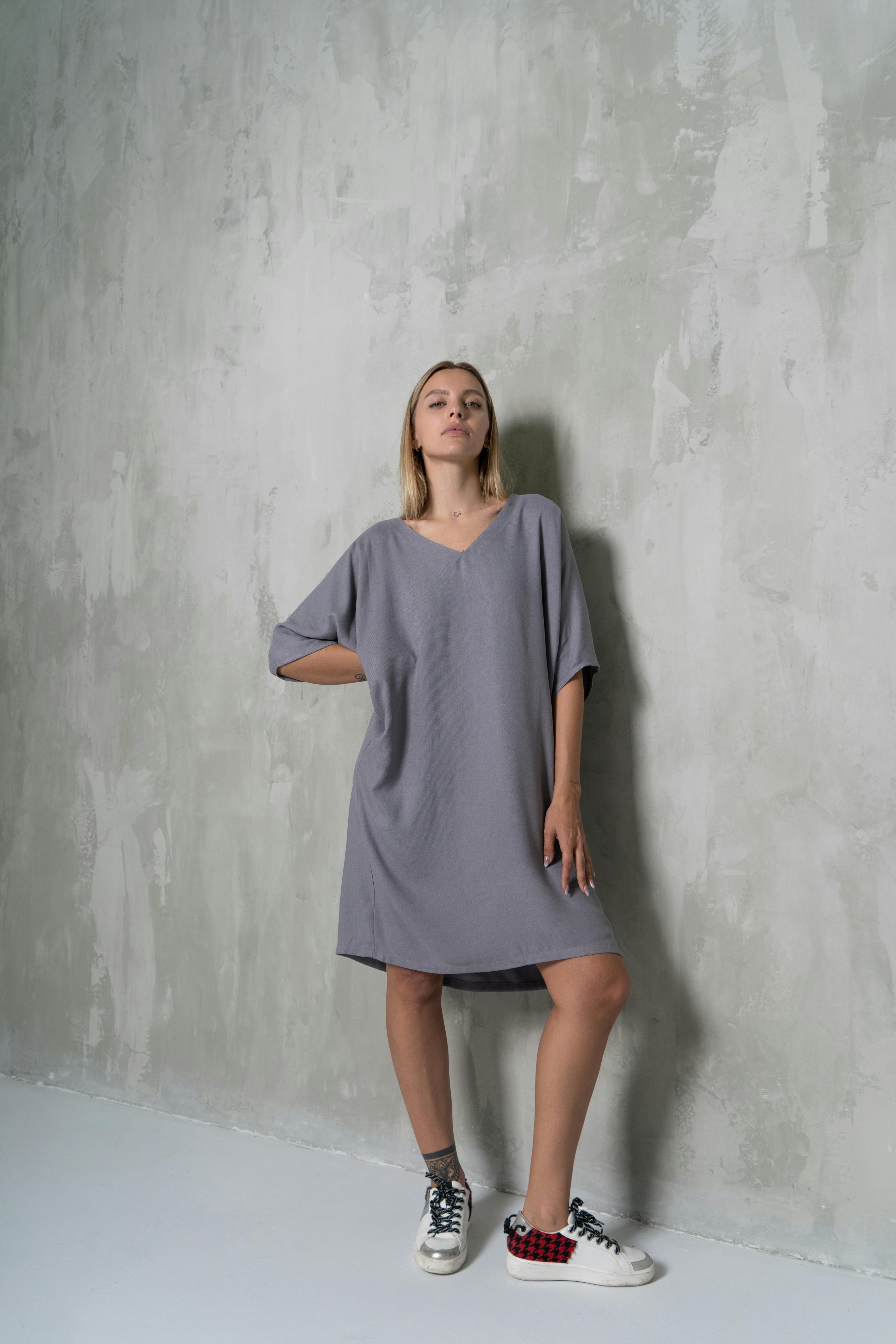 Light Blue Grey Neutral Plain Short Kaftan Dress, a product by DHARA SHETH DUBAI