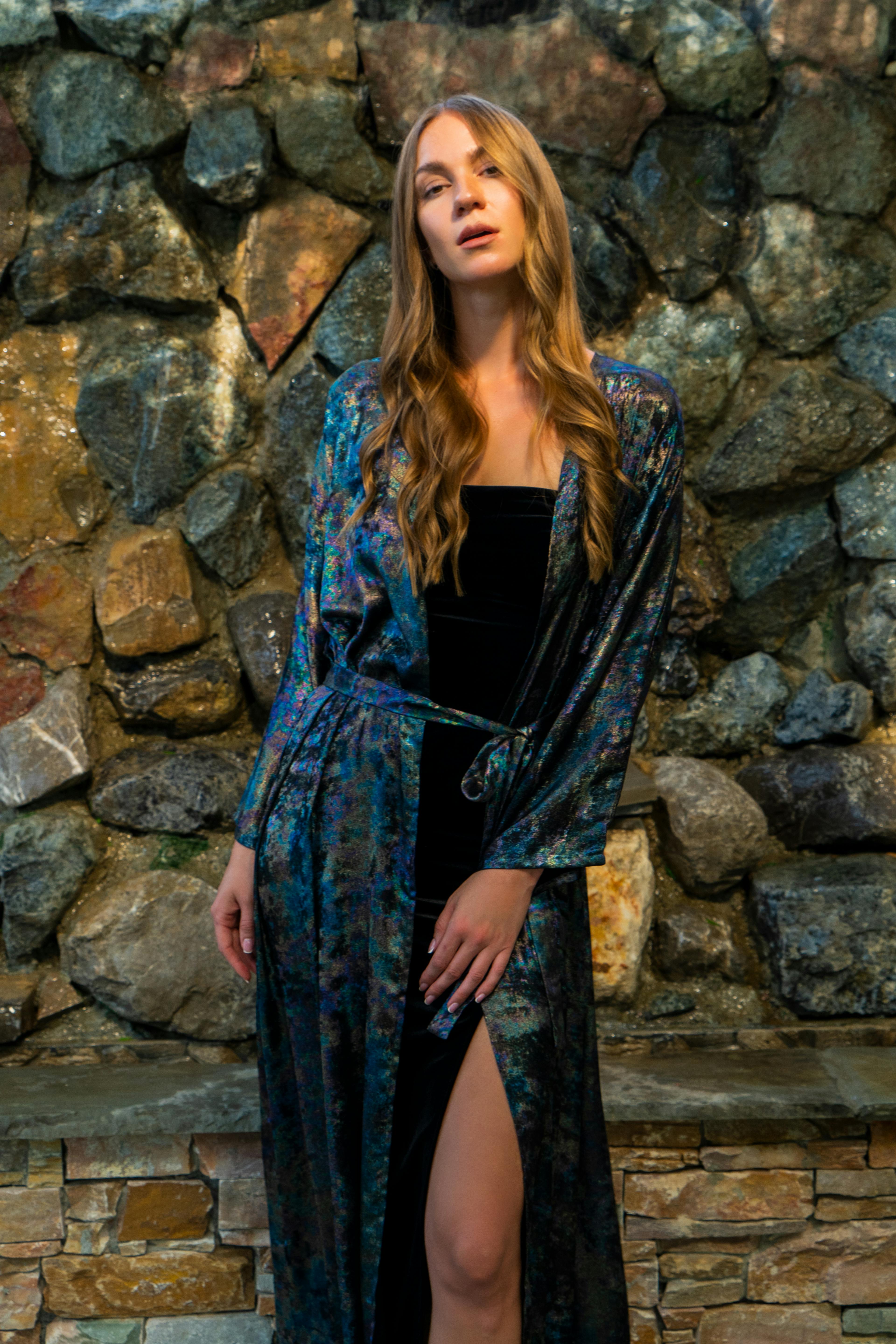 Shadow Of Sequin Shimmer Rainbow Black Long Kimono Dress, a product by DHARA SHETH DUBAI