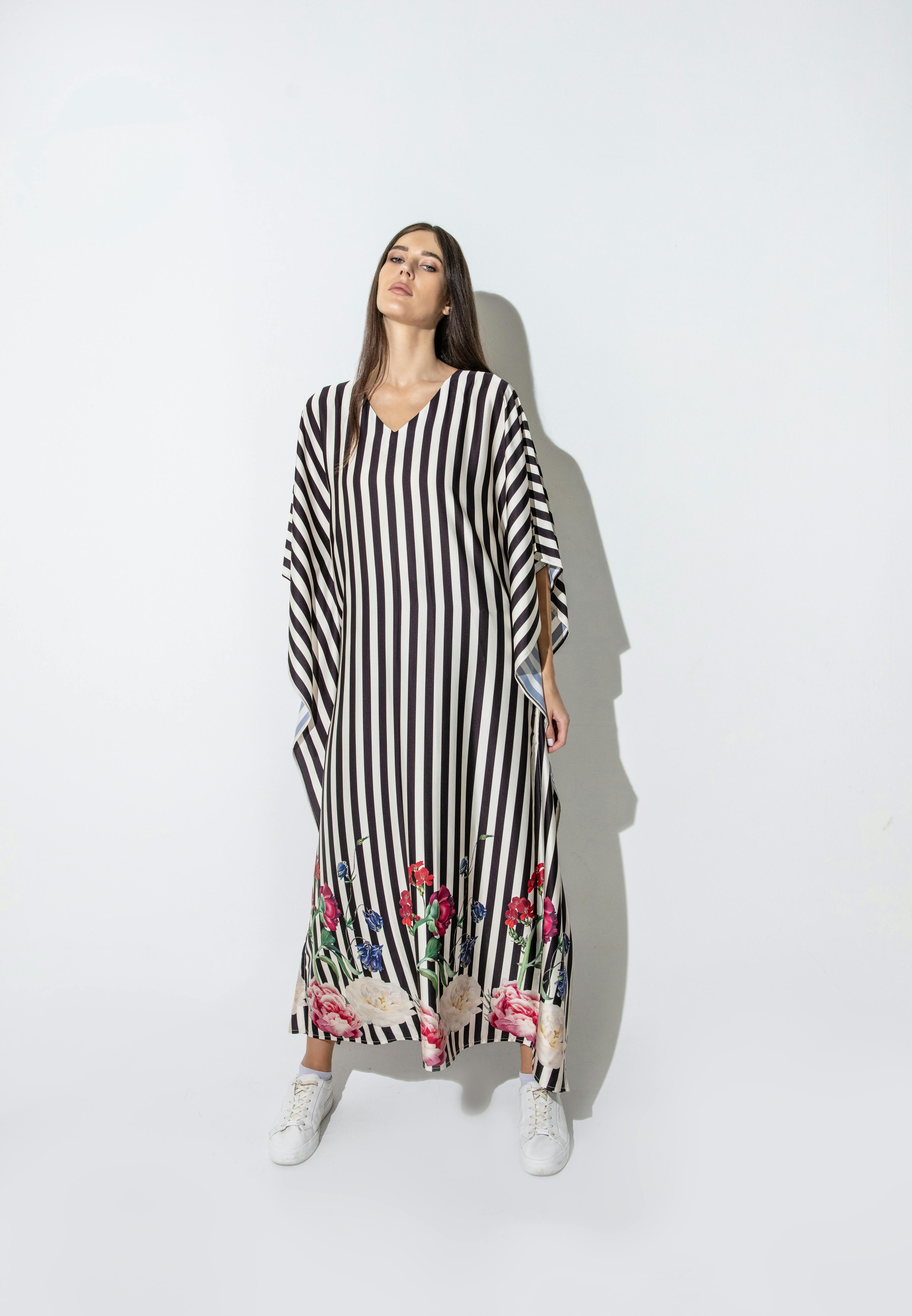Ethereal Striped Floral Long Kaftan - Black & White, a product by DHARA SHETH DUBAI