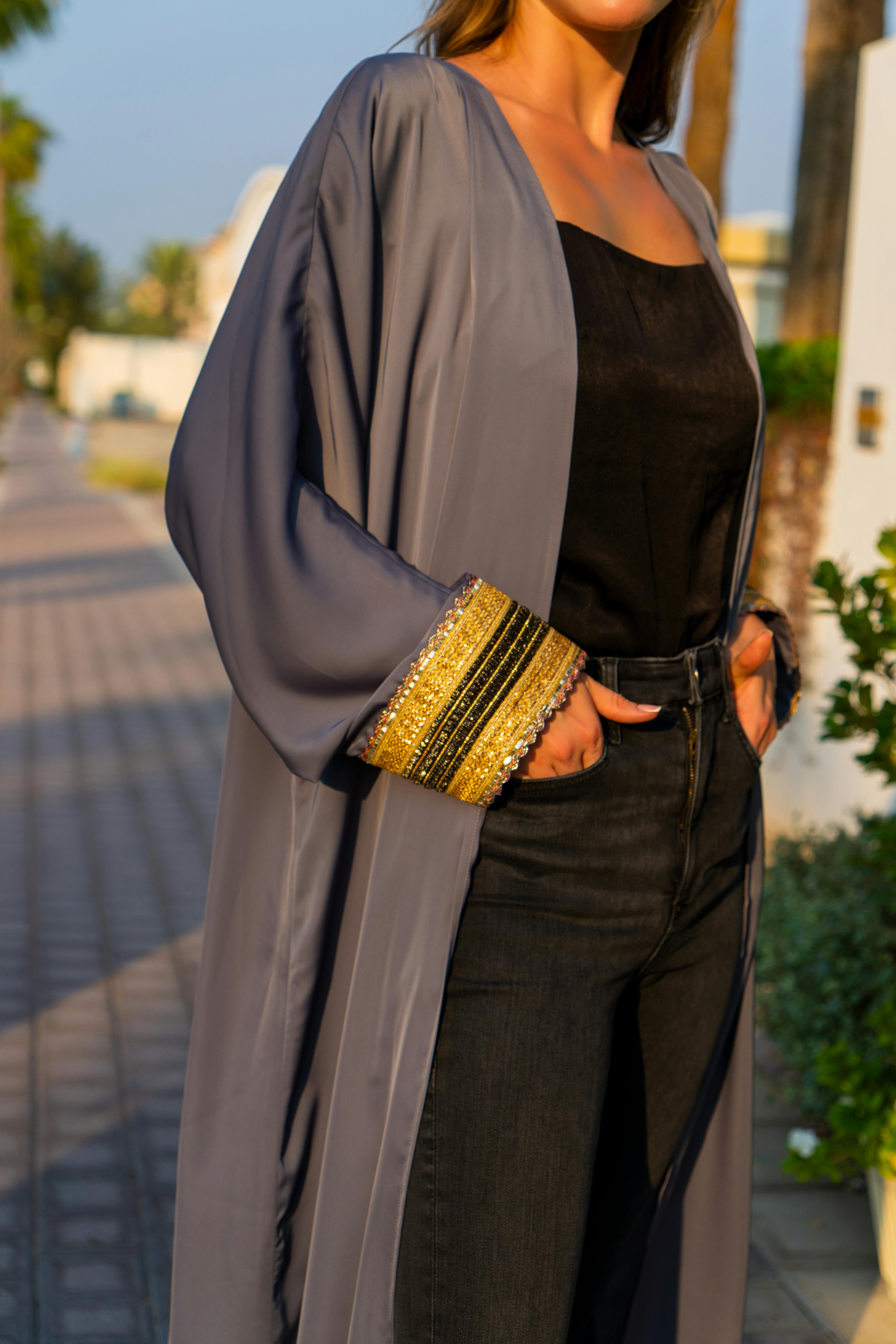 Adorn Accessorized Long Kimono - Grey  , a product by DHARA SHETH DUBAI