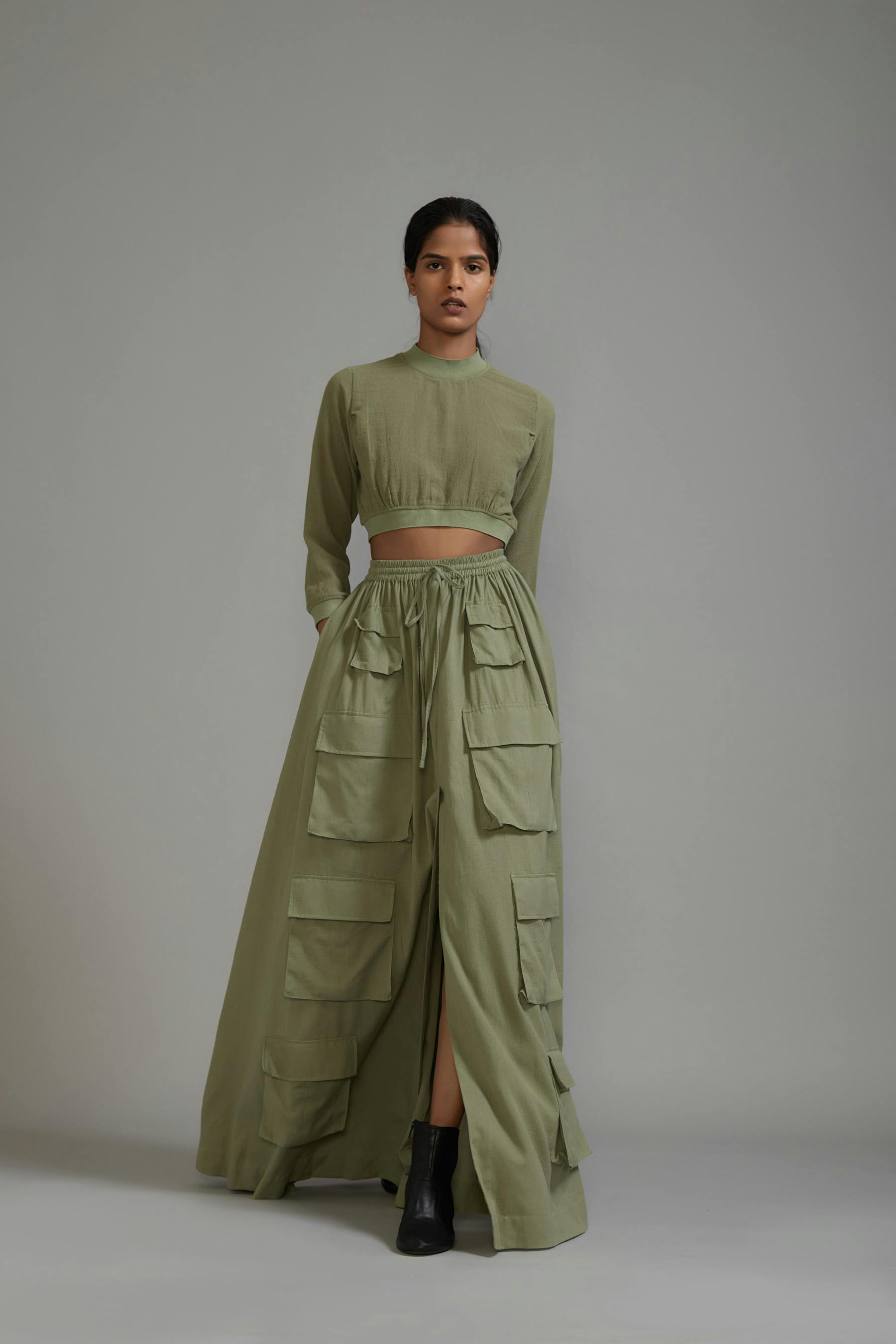 Thumbnail preview #0 for Green Crop Top and Cargo Skirt Set